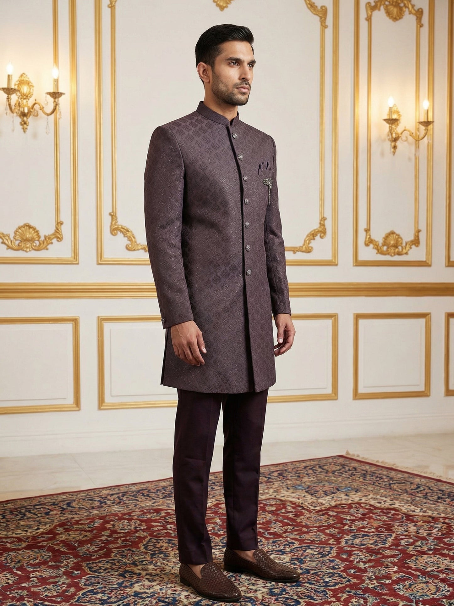Classic Woven Jacquard Indo-Western Set ( 50JIND 148Wine S )