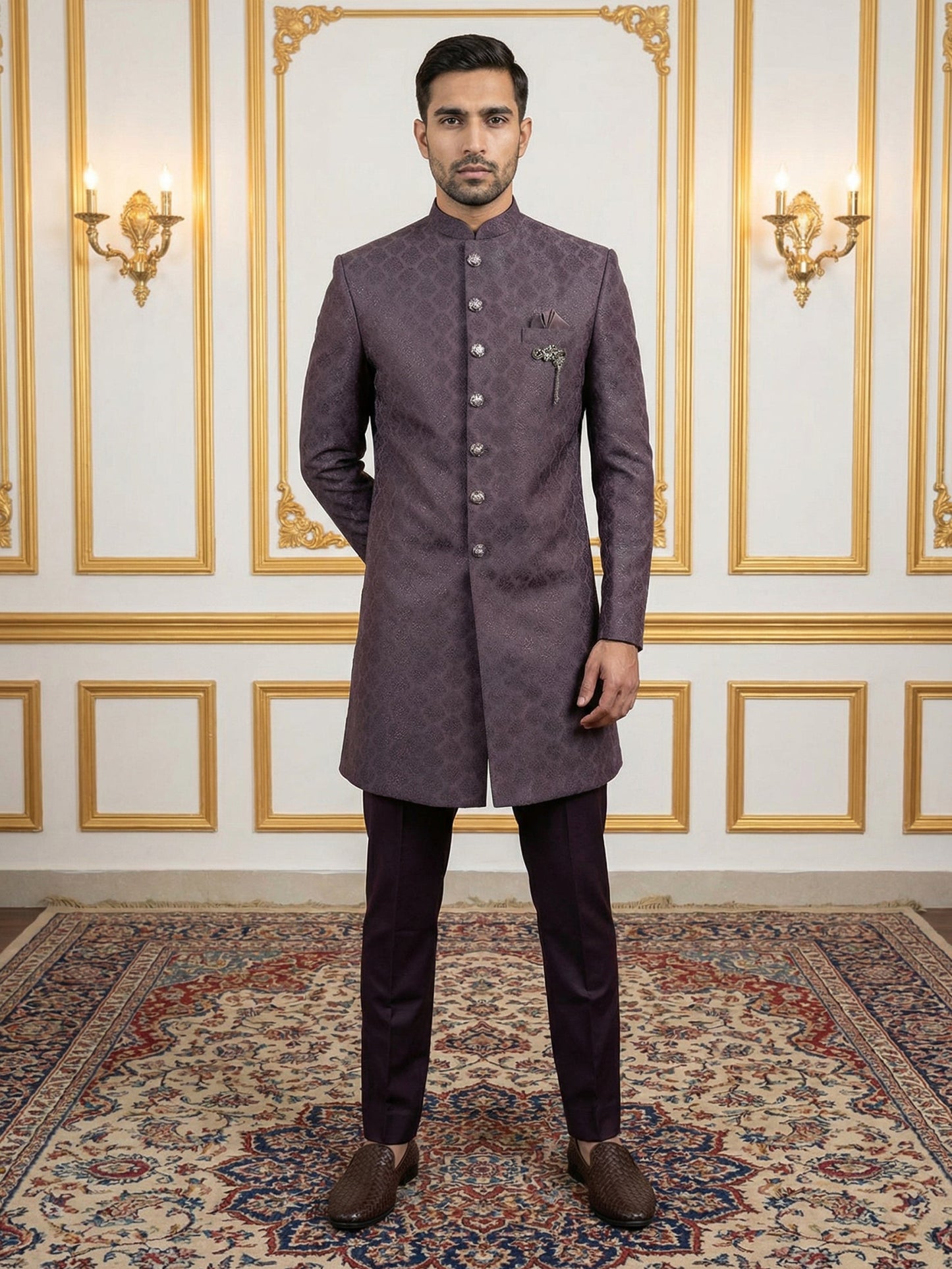 Classic Woven Jacquard Indo-Western Set ( 50JIND 148Wine S )