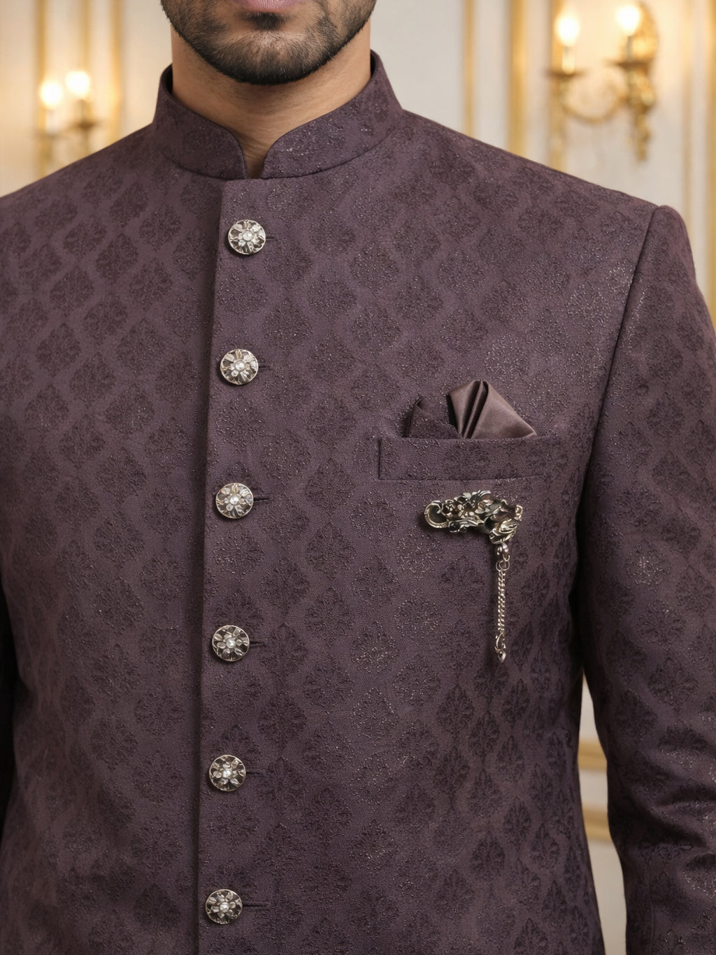 Classic Woven Jacquard Indo-Western Set ( 50JIND 148Wine S )