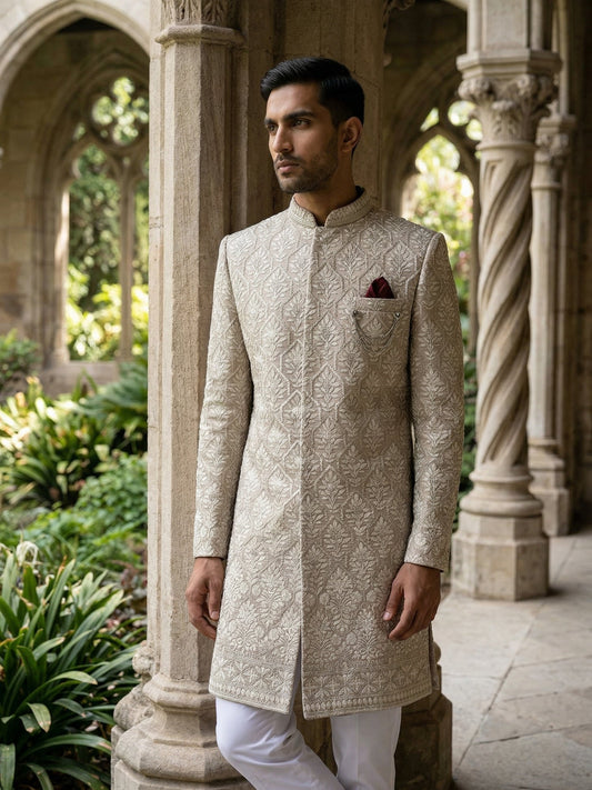 Embroidered Cotton Blend Indo-Western Set ( 50JIND 149Beige S )