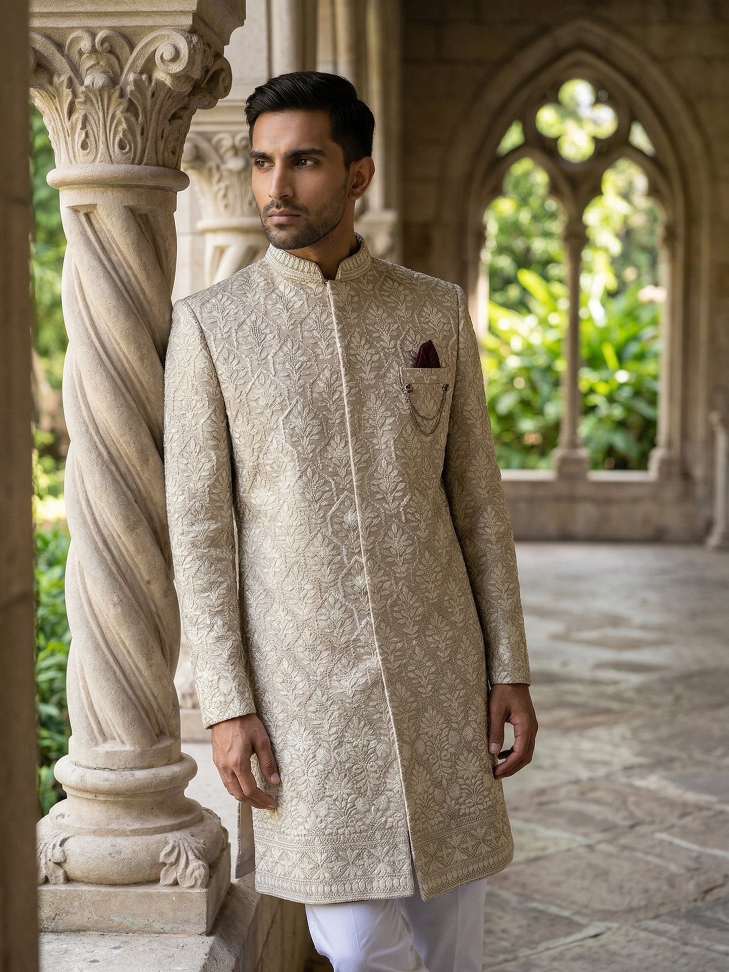Embroidered Cotton Blend Indo-Western Set ( 50JIND 149Beige S )