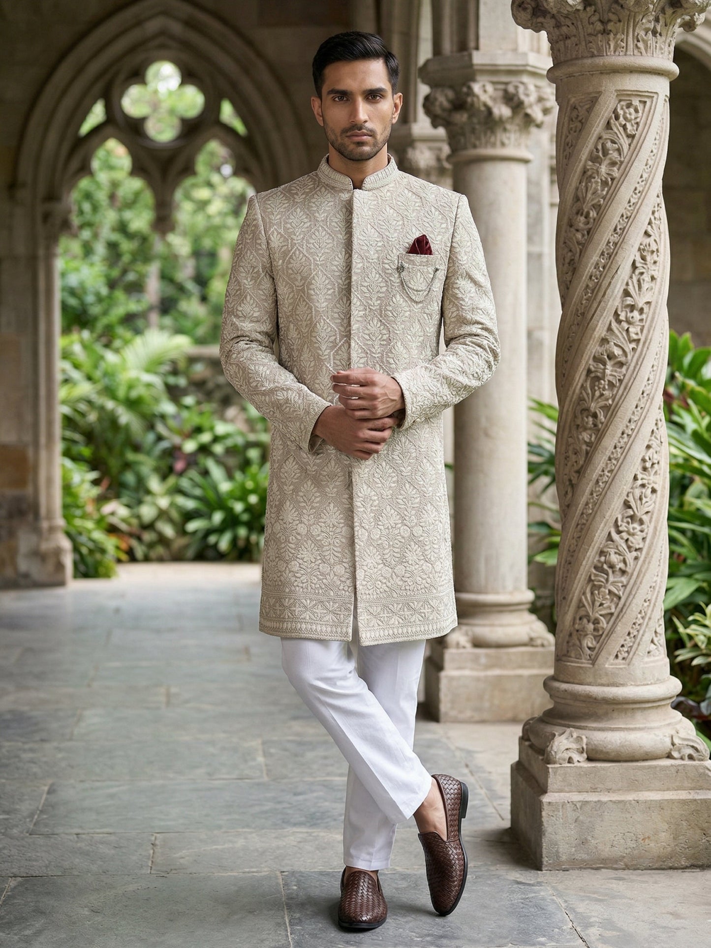 Embroidered Cotton Blend Indo-Western Set ( 50JIND 149Beige S )