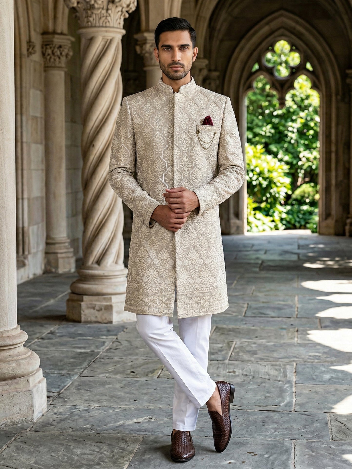 Embroidered Cotton Blend Indo-Western Set ( 50JIND 149Beige S )