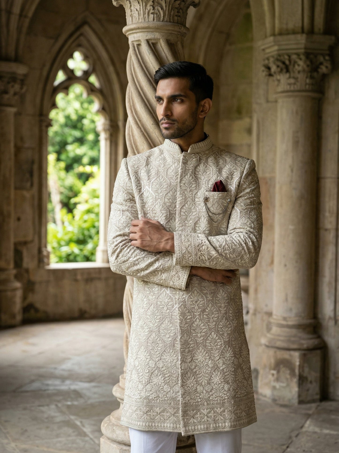 Embroidered Cotton Blend Indo-Western Set ( 50JIND 149Beige S )