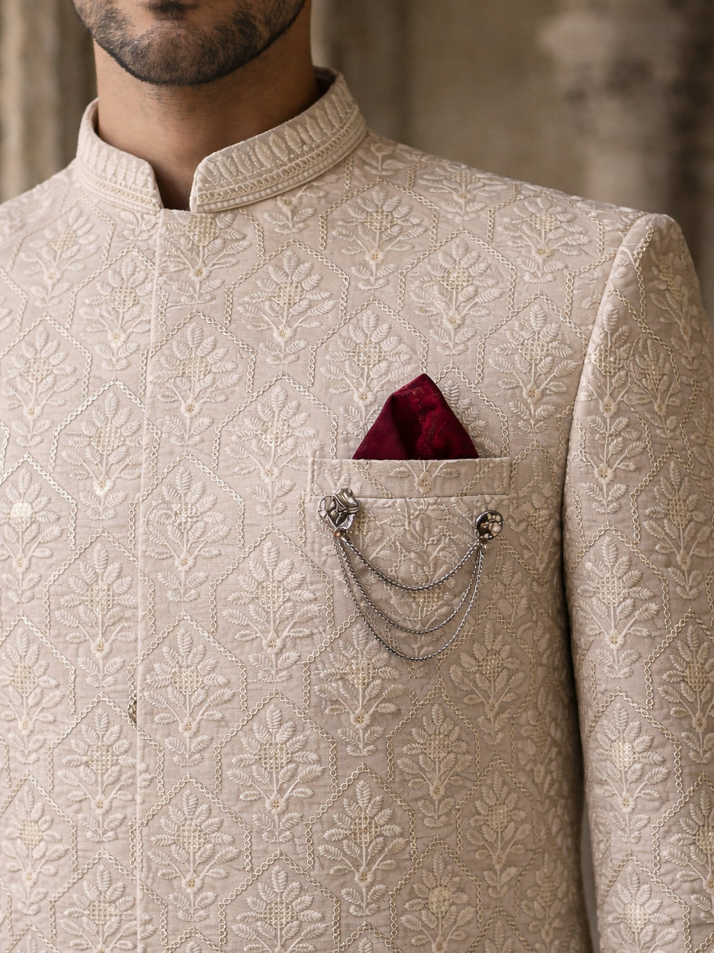 Embroidered Cotton Blend Indo-Western Set ( 50JIND 149Beige S )