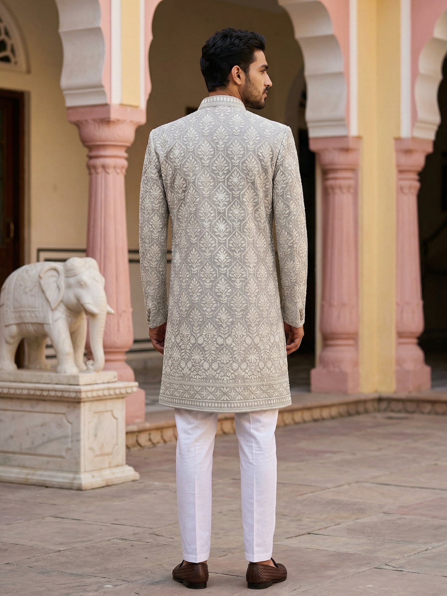 Embroidered Cotton Blend Indo-Western Set ( 50JIND 149Grey S )