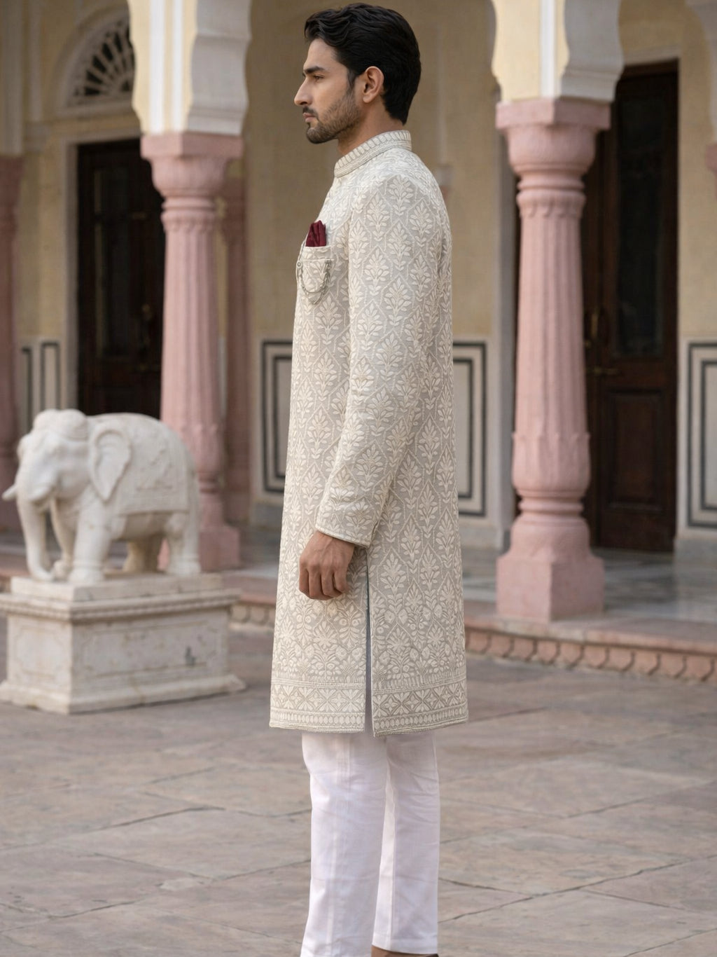 Embroidered Cotton Blend Indo-Western Set ( 50JIND 149Grey S )