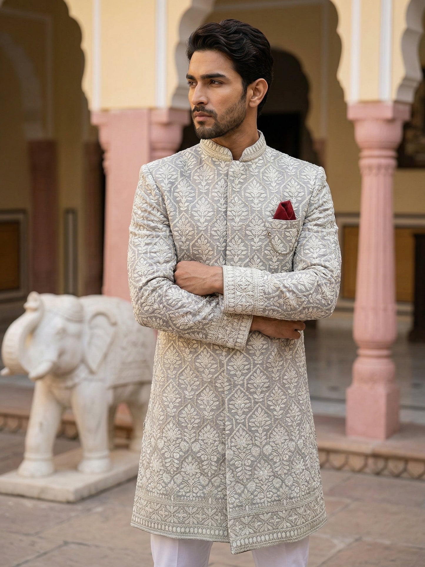 Embroidered Cotton Blend Indo-Western Set ( 50JIND 149Grey S )