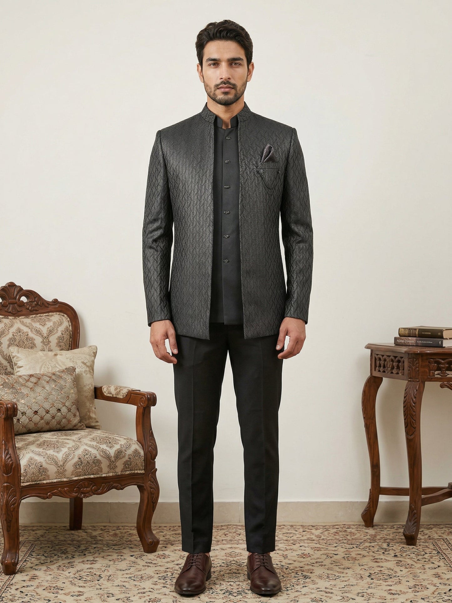 Cotton Blend Textured Indo-Western Set ( 50JIND 150Grey S )