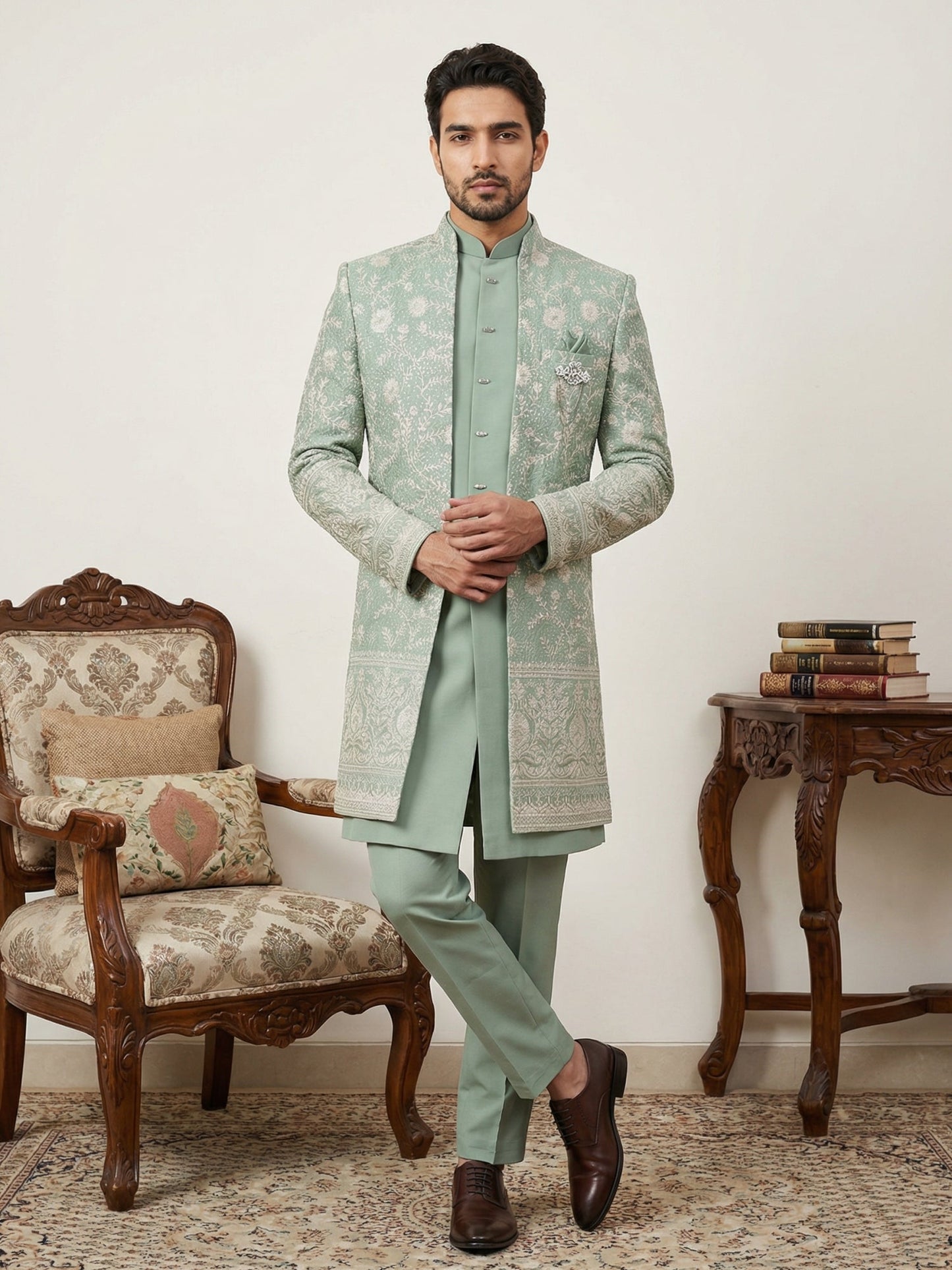 Japanese Embroidered Indo-Western Set ( 50JIND 151Green S )
