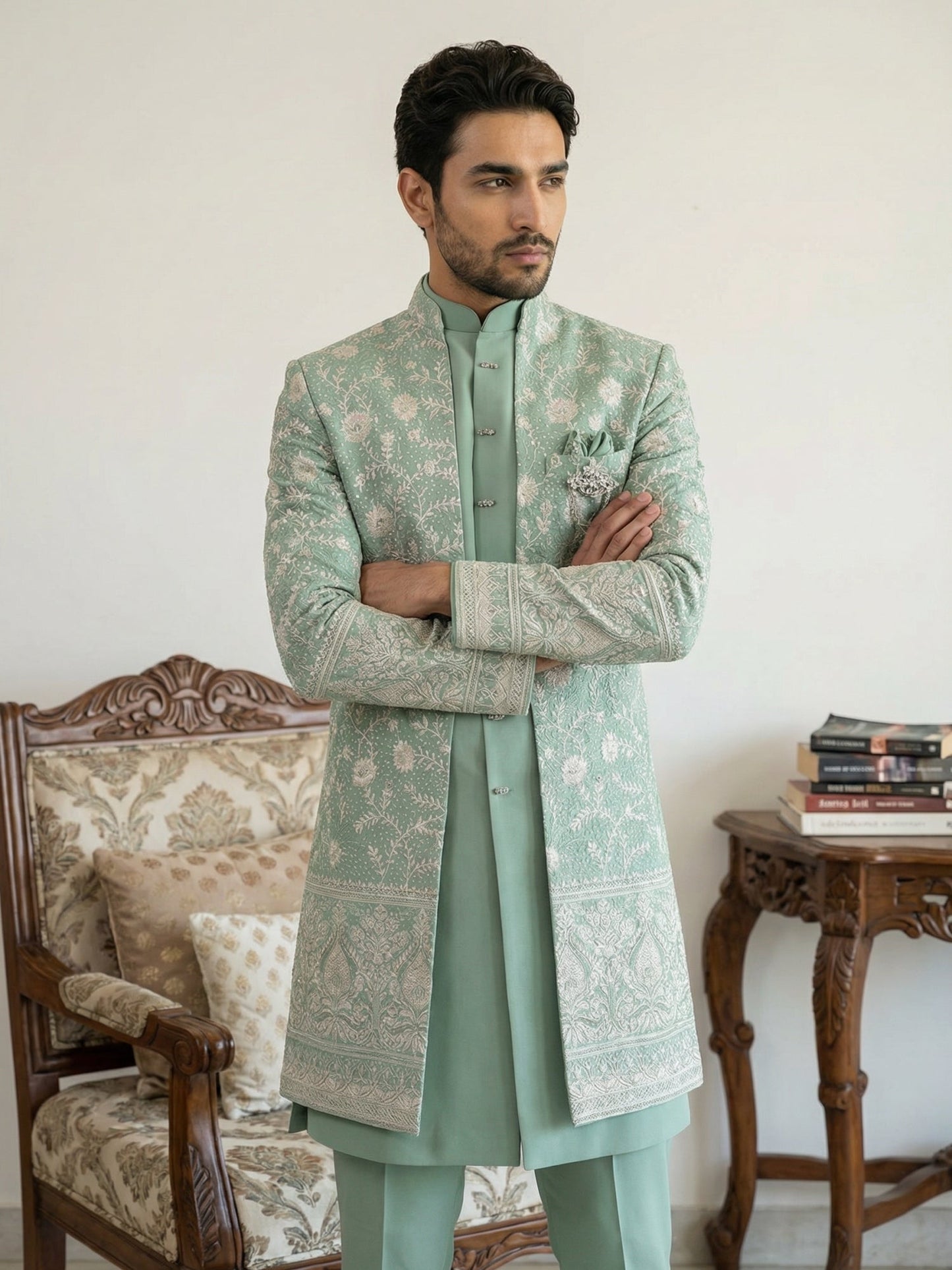 Japanese Embroidered Indo-Western Set ( 50JIND 151Green S )
