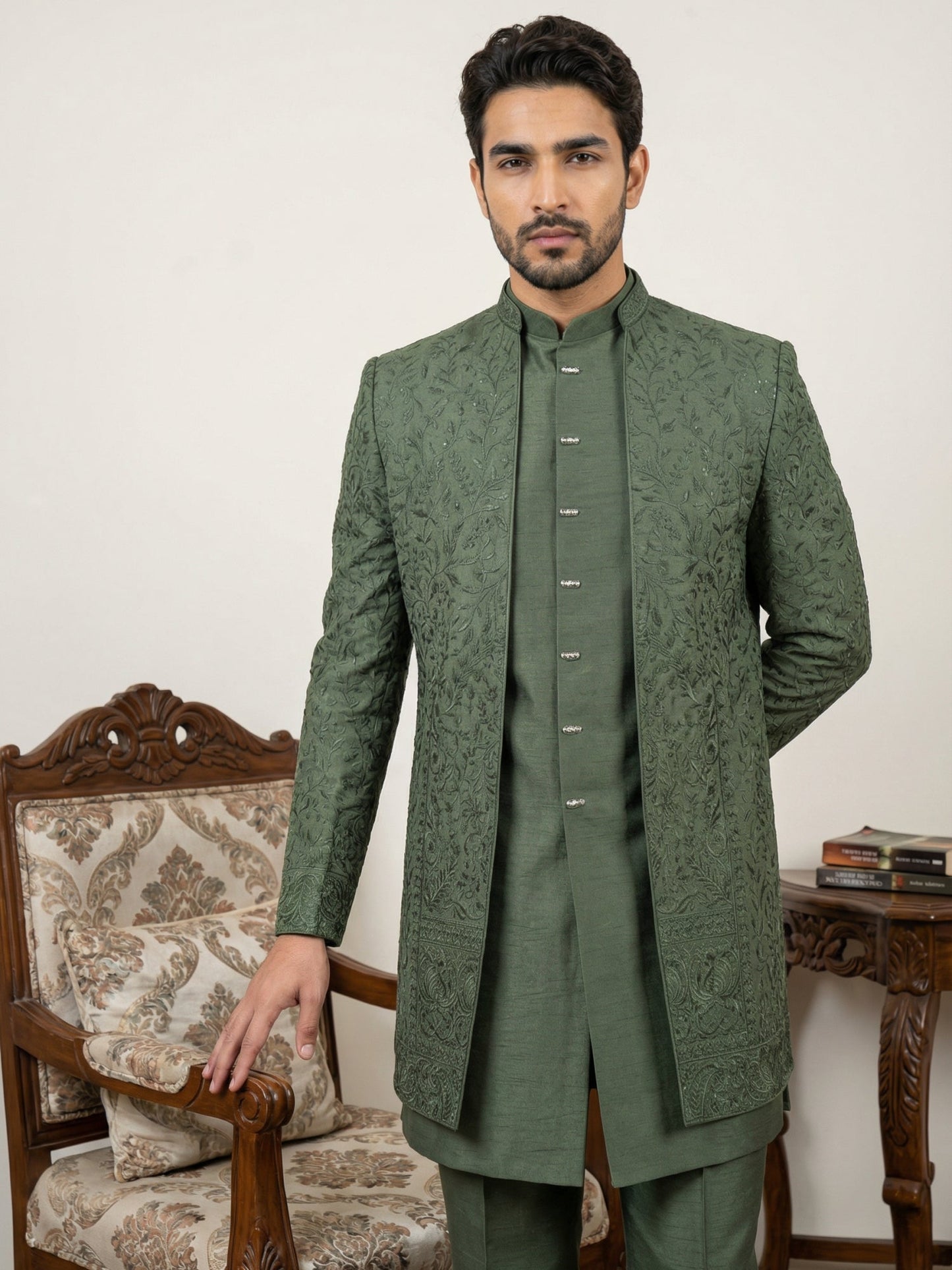 Men Embroidered Silk Indo-Western Set ( 50JIND 153Olive S )