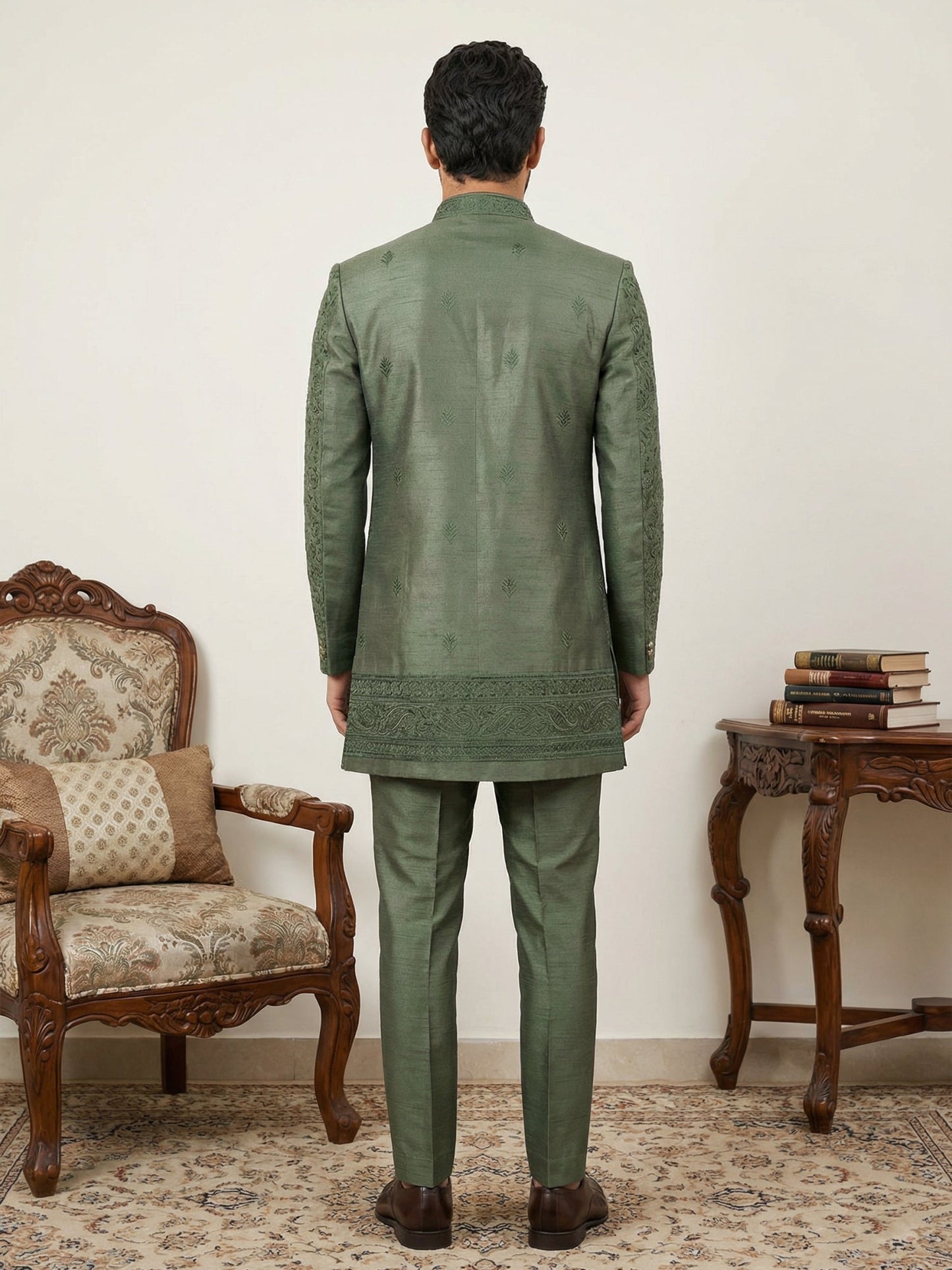Men Embroidered Silk Indo-Western Set ( 50JIND 153Olive S )