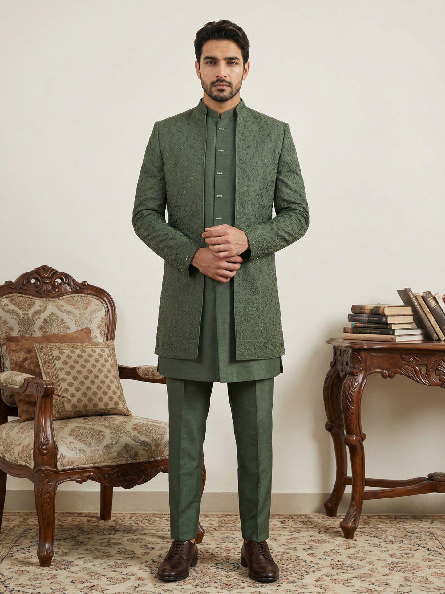 Men Embroidered Silk Indo-Western Set ( 50JIND 153Olive S )