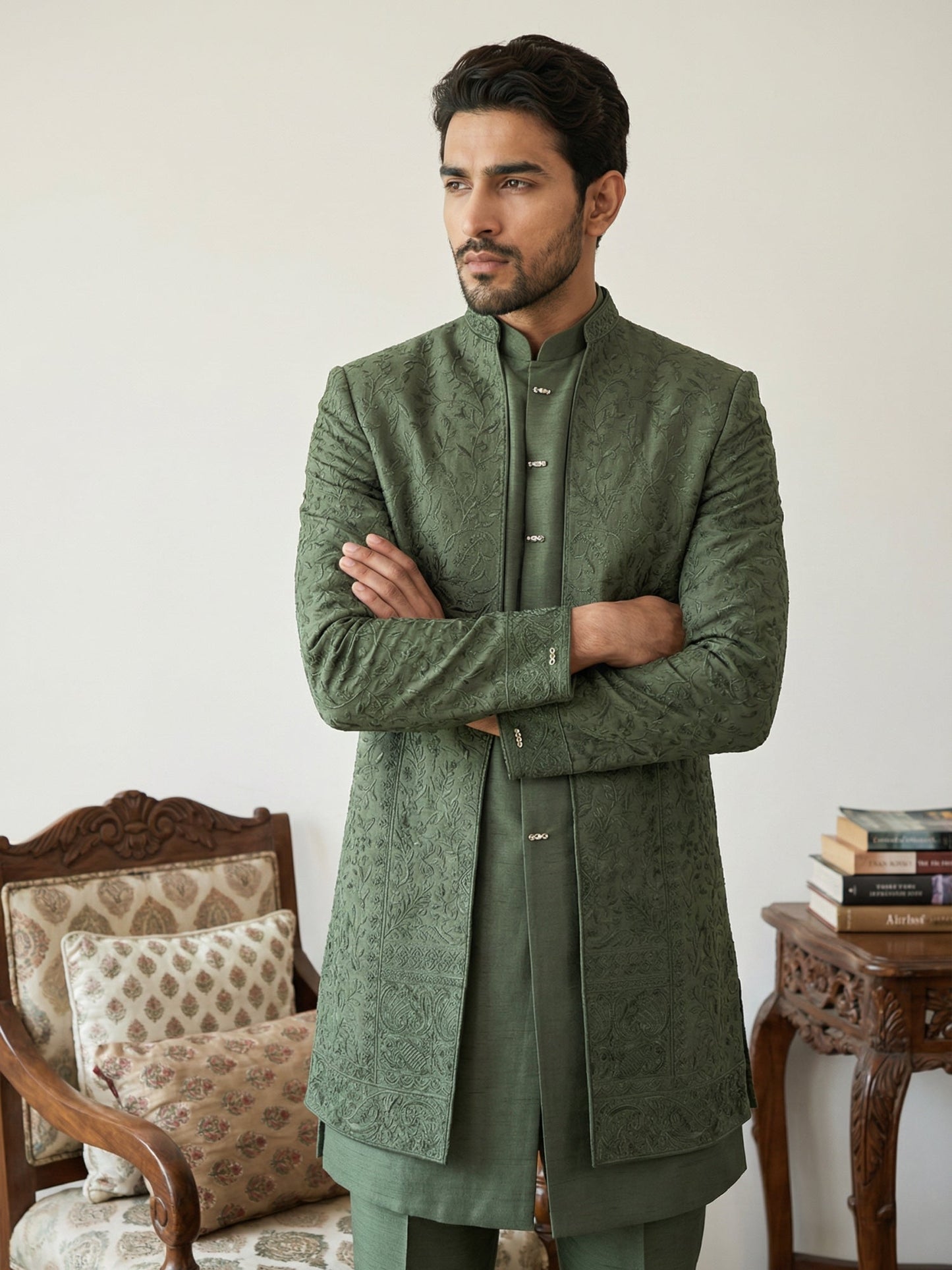 Men Embroidered Silk Indo-Western Set ( 50JIND 153Olive S )