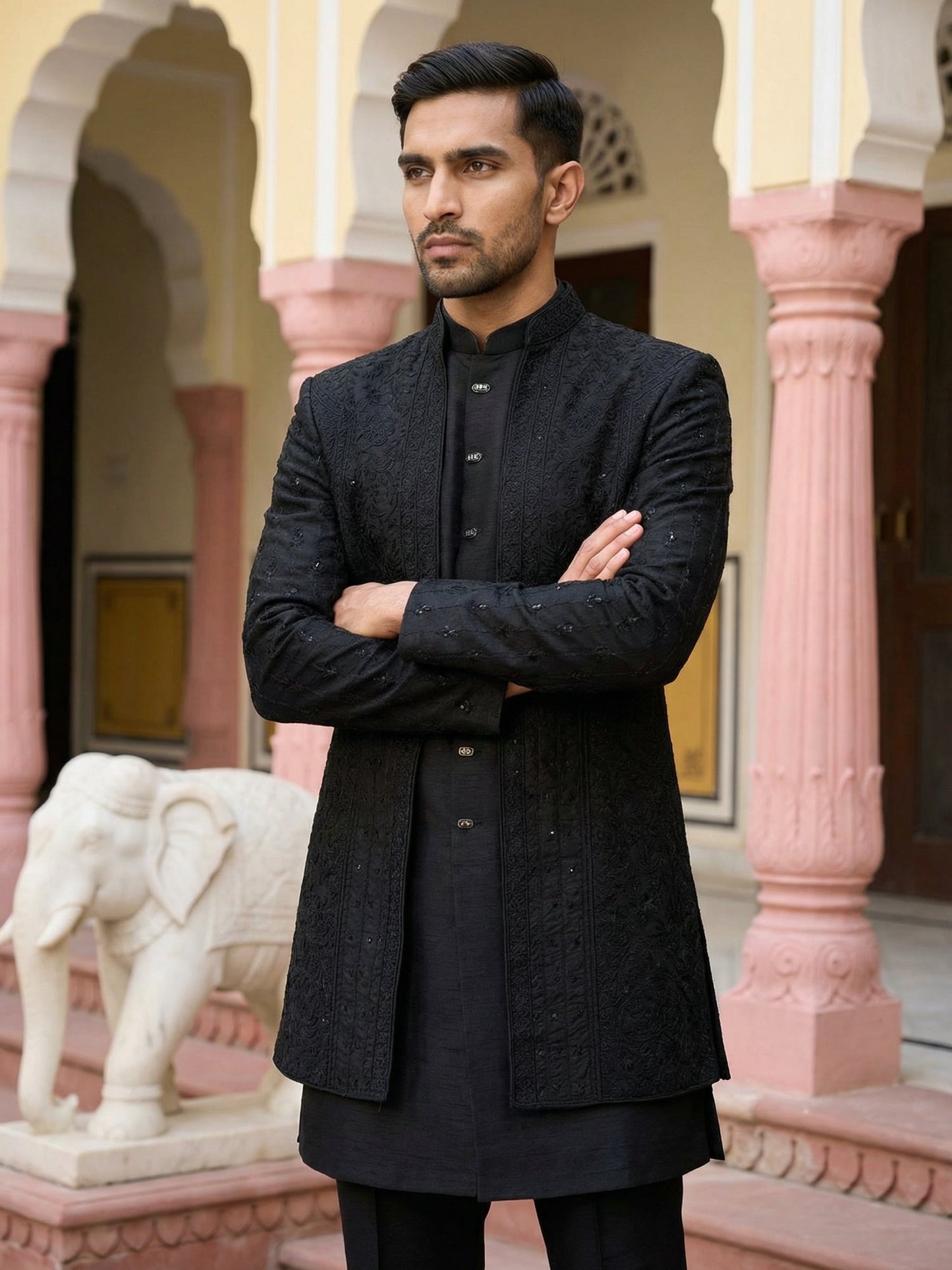 Silk Embroidered Indo-Western Set ( 50JIND 154Black S )