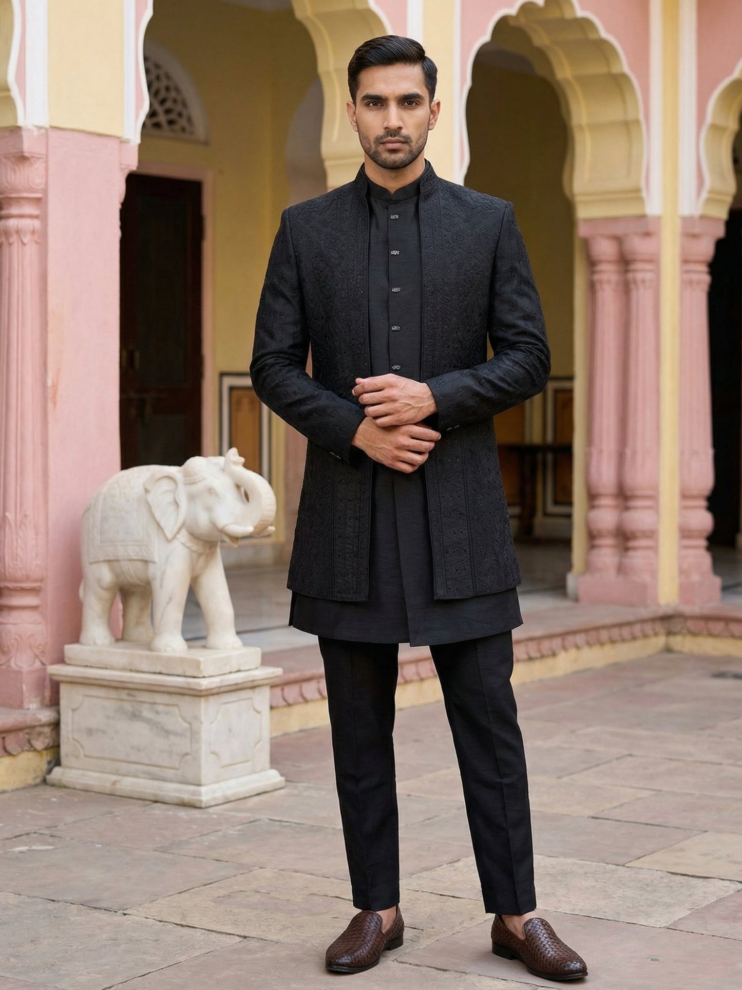 Silk Embroidered Indo-Western Set ( 50JIND 154Black S )