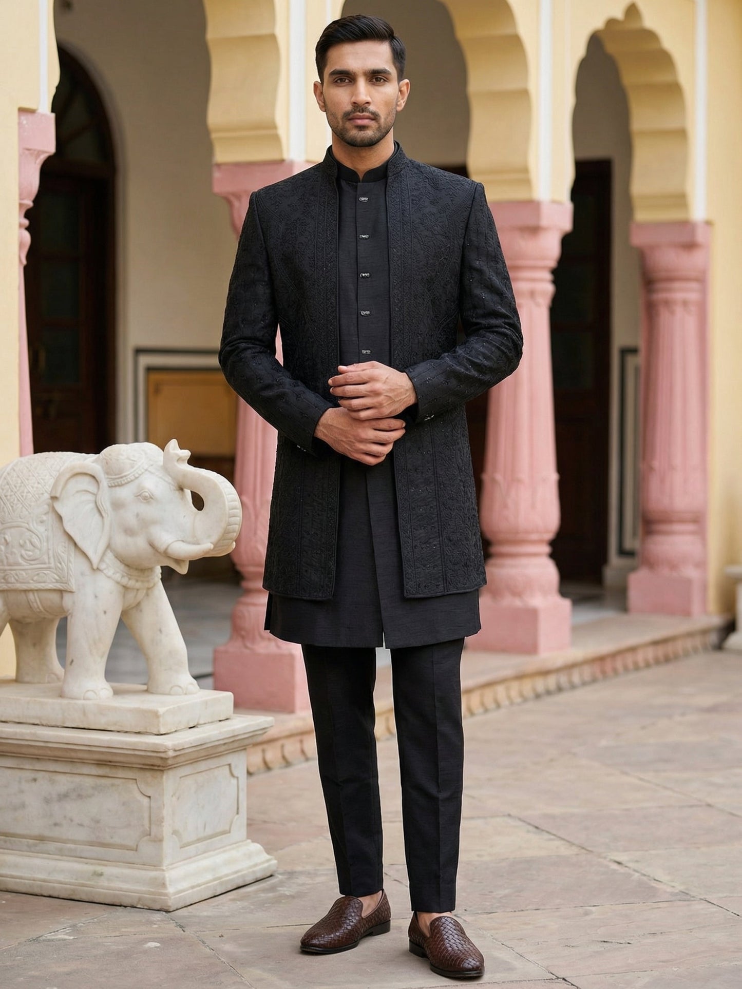 Silk Embroidered Indo-Western Set ( 50JIND 154Black S )