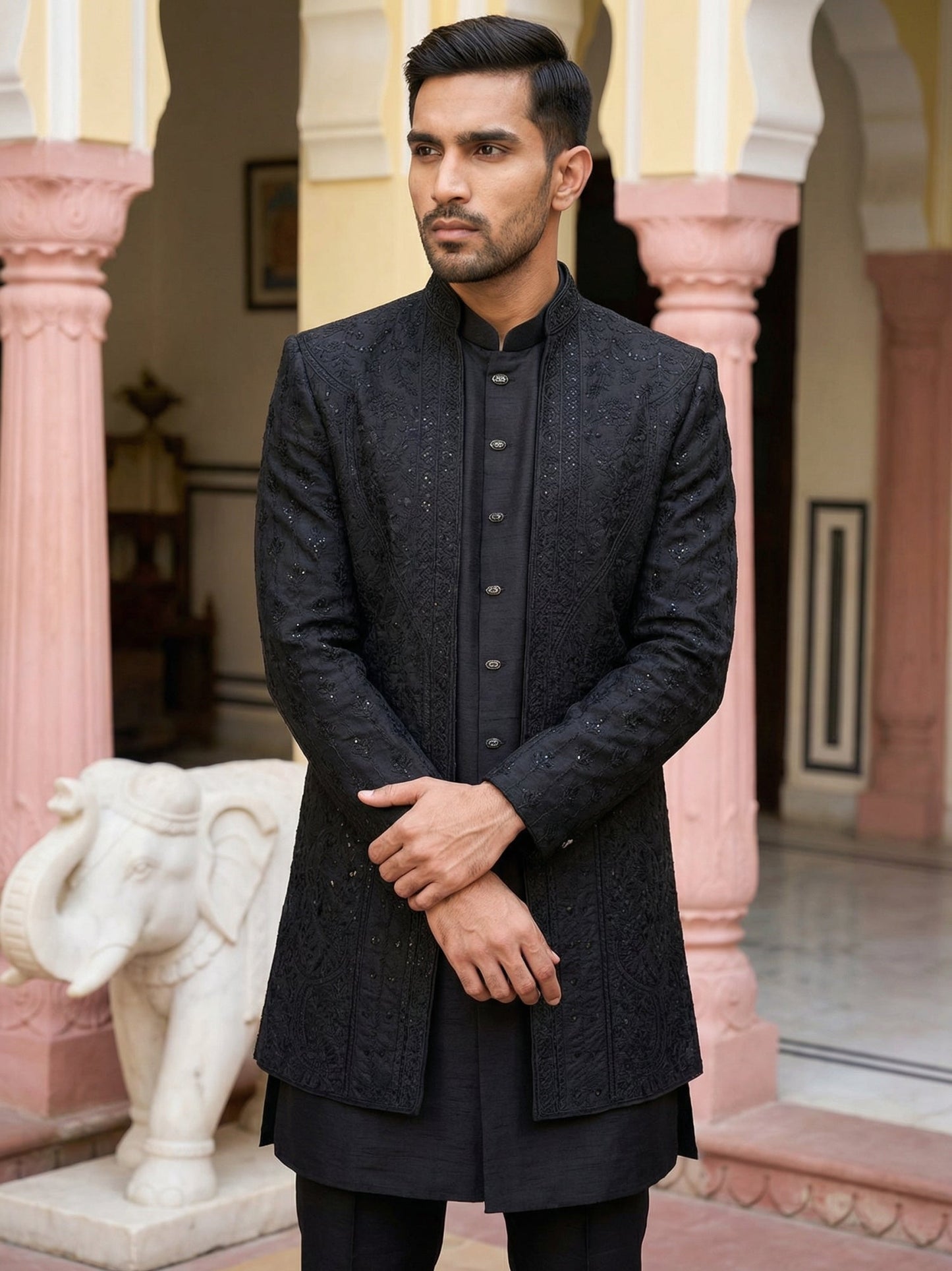 Silk Embroidered Indo-Western Set ( 50JIND 154Black S )