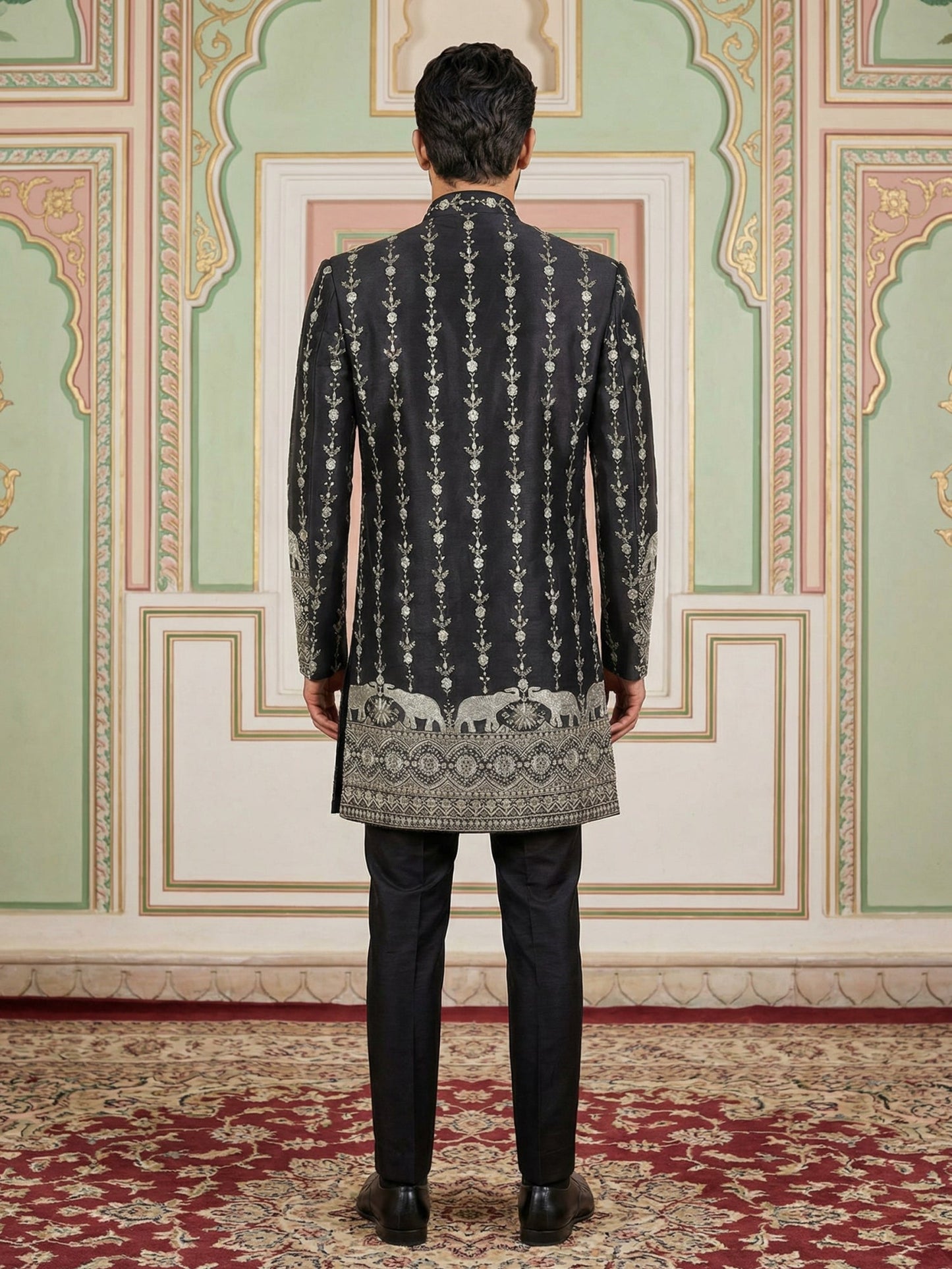 Men’s Embroidered Cotton Blend Indo-Western Set ( 50JIND 157Black S )