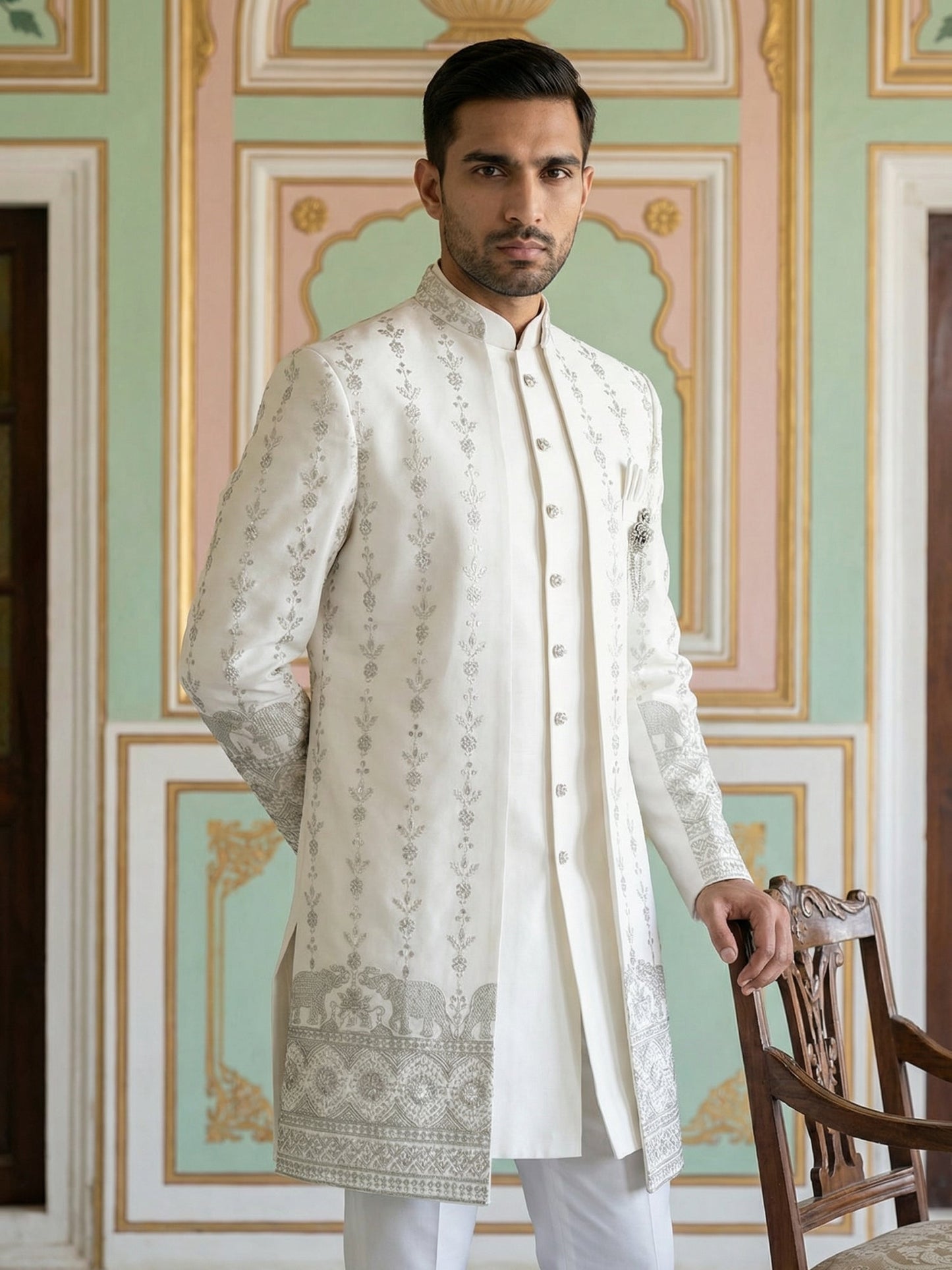 Men’s Embroidered Cotton Blend Indo-Western Set ( 50JIND 157White S )