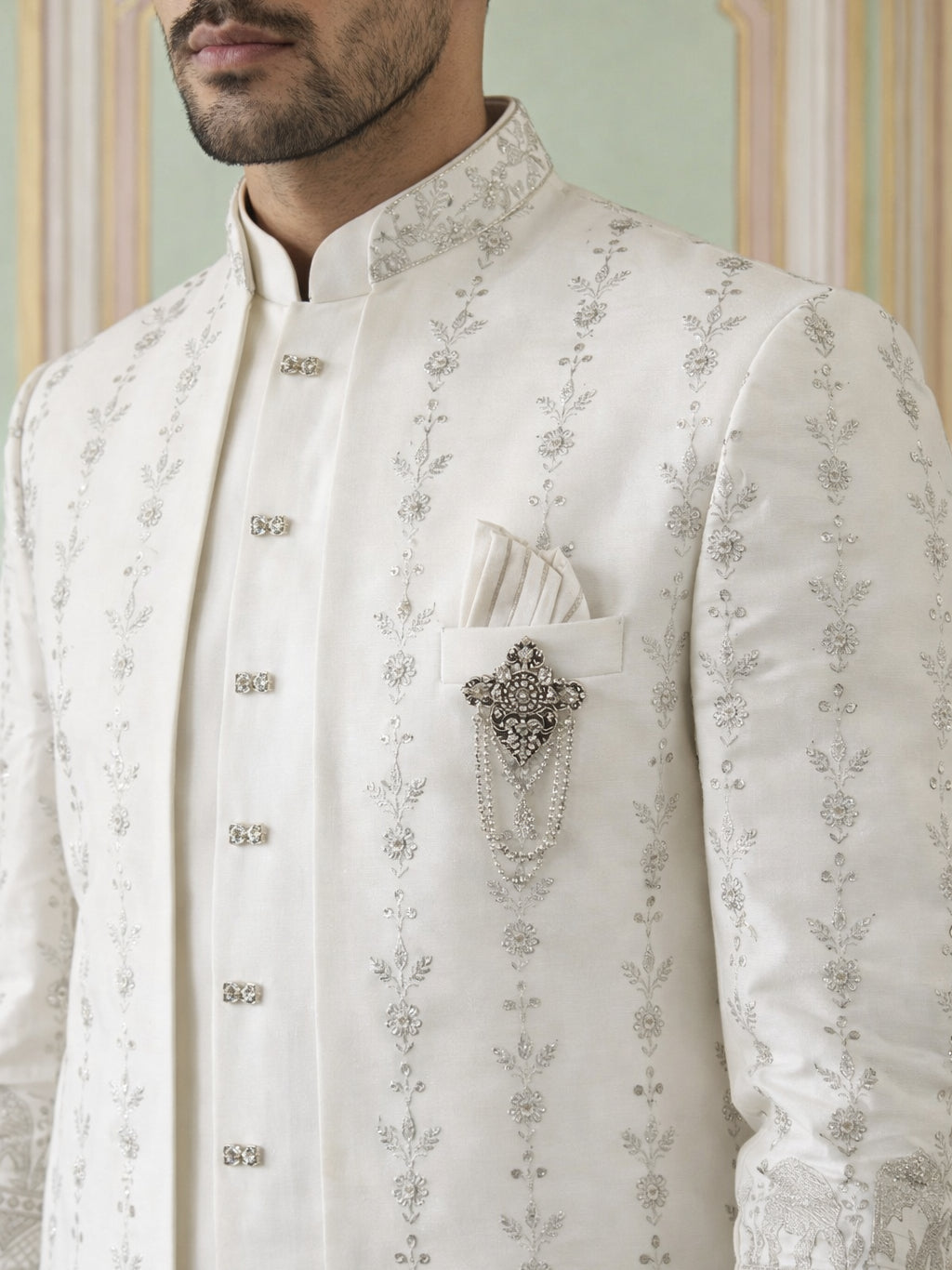 Men’s Embroidered Cotton Blend Indo-Western Set ( 50JIND 157White S )