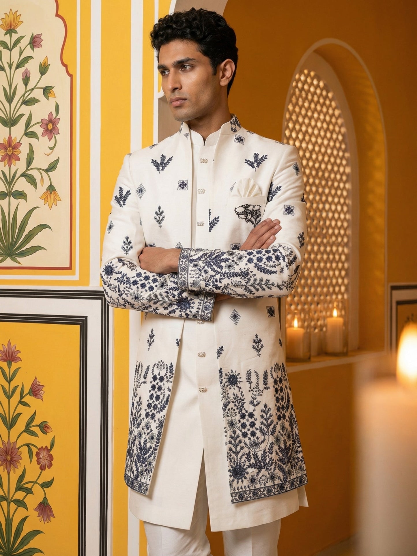 Men’s Embroidered Silk Blend Indo-Western Set ( 50JIND 158White S )
