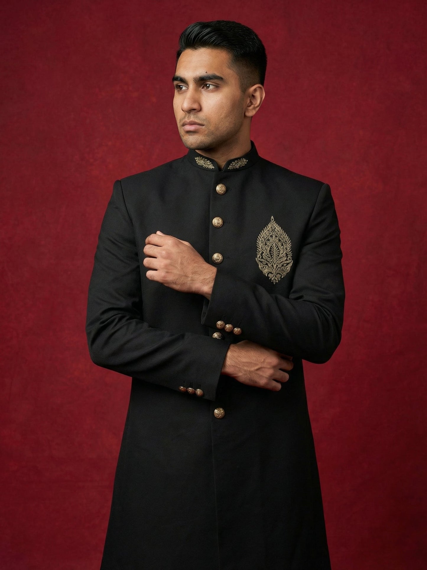 Men's Cotton Blend Indo-Western Set with Zari Work ( 50JIND 159Black S )