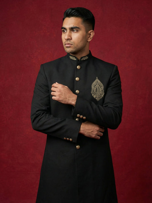 Men's Cotton Blend Indo-Western Set with Zari Work ( 50JIND 159Black S )