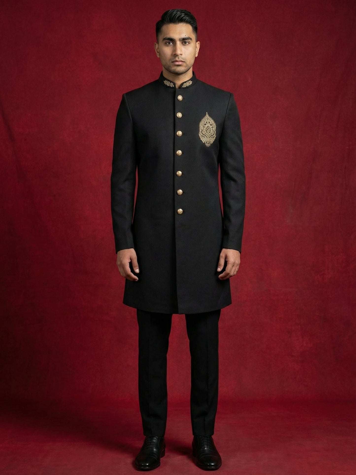 Men's Cotton Blend Indo-Western Set with Zari Work ( 50JIND 159Black S )