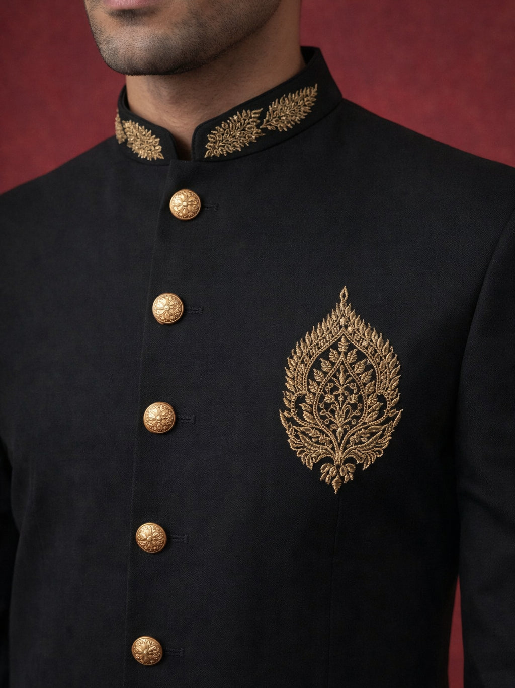 Men's Cotton Blend Indo-Western Set with Zari Work ( 50JIND 159Black S )