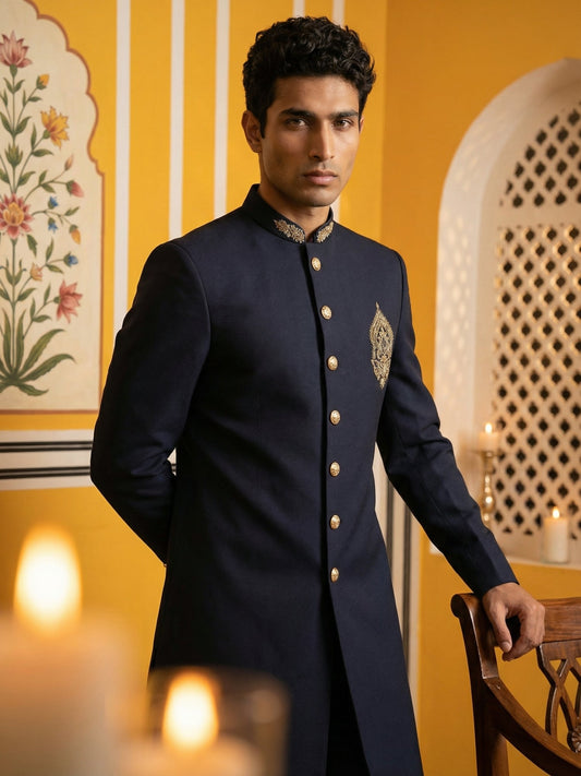 Men's Cotton Blend Indo-Western Set with Zari Work ( 50JIND 159Navy S )