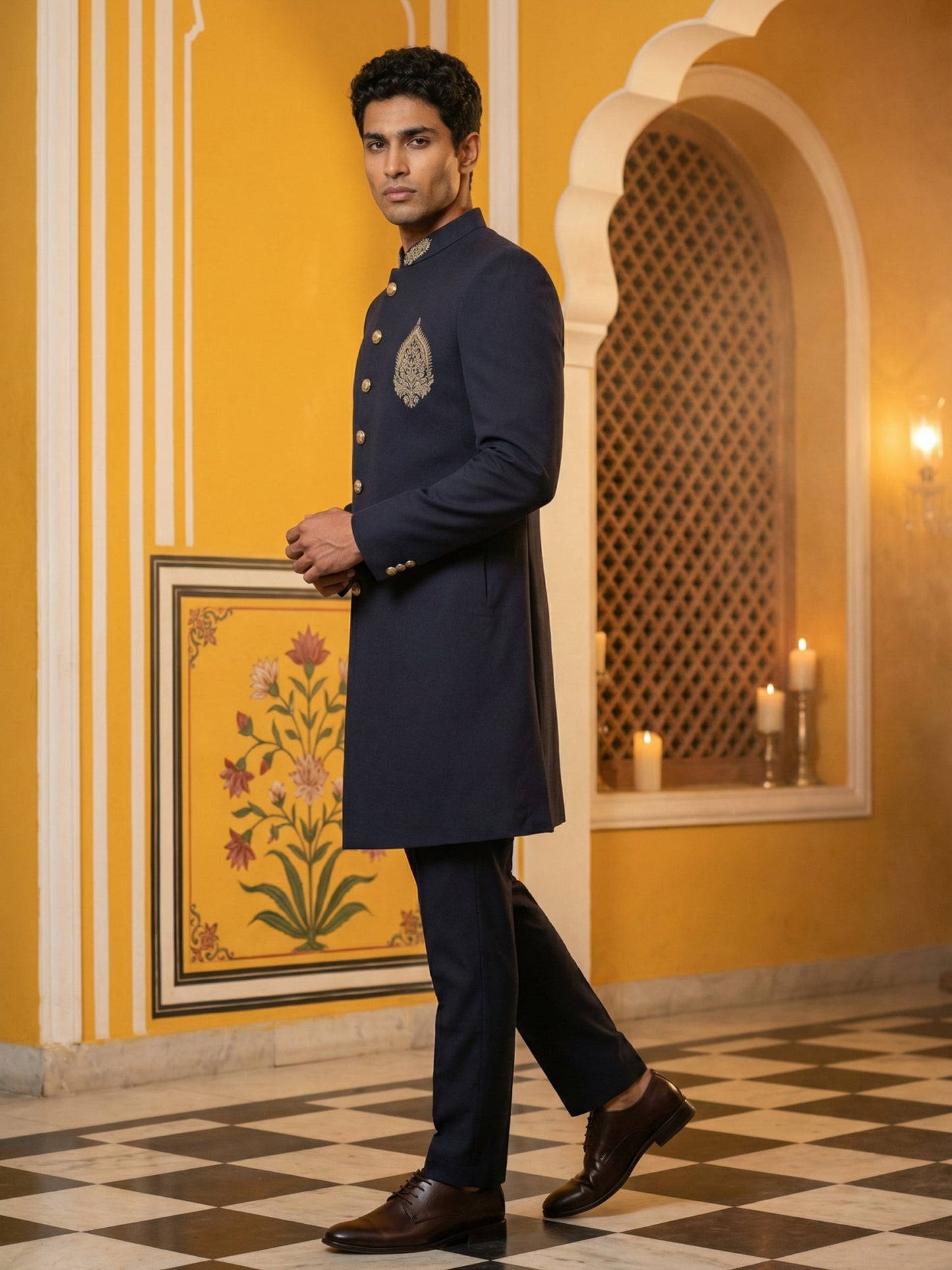 Men's Cotton Blend Indo-Western Set with Zari Work ( 50JIND 159Navy S )