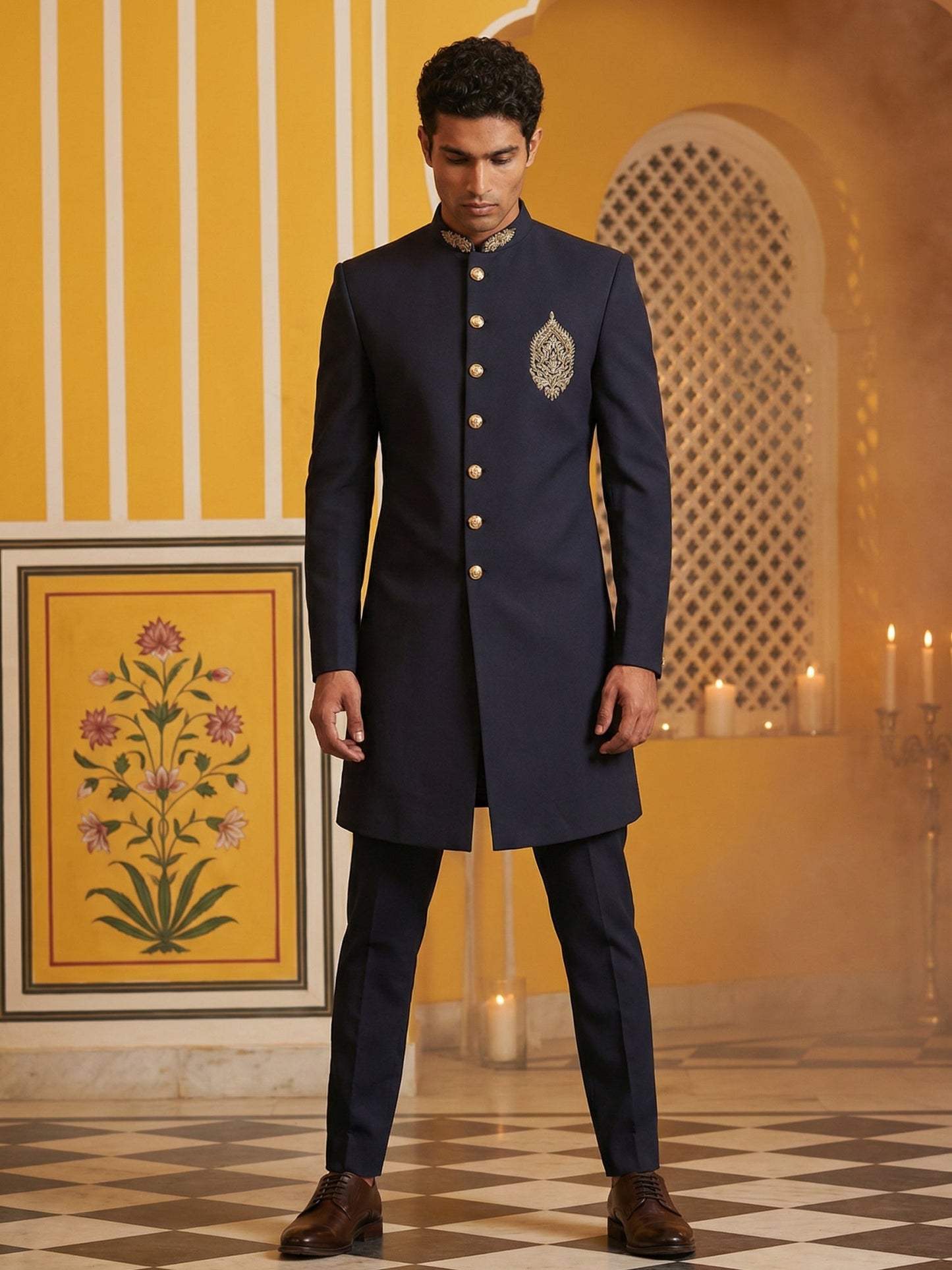 Men's Cotton Blend Indo-Western Set with Zari Work ( 50JIND 159Navy S )