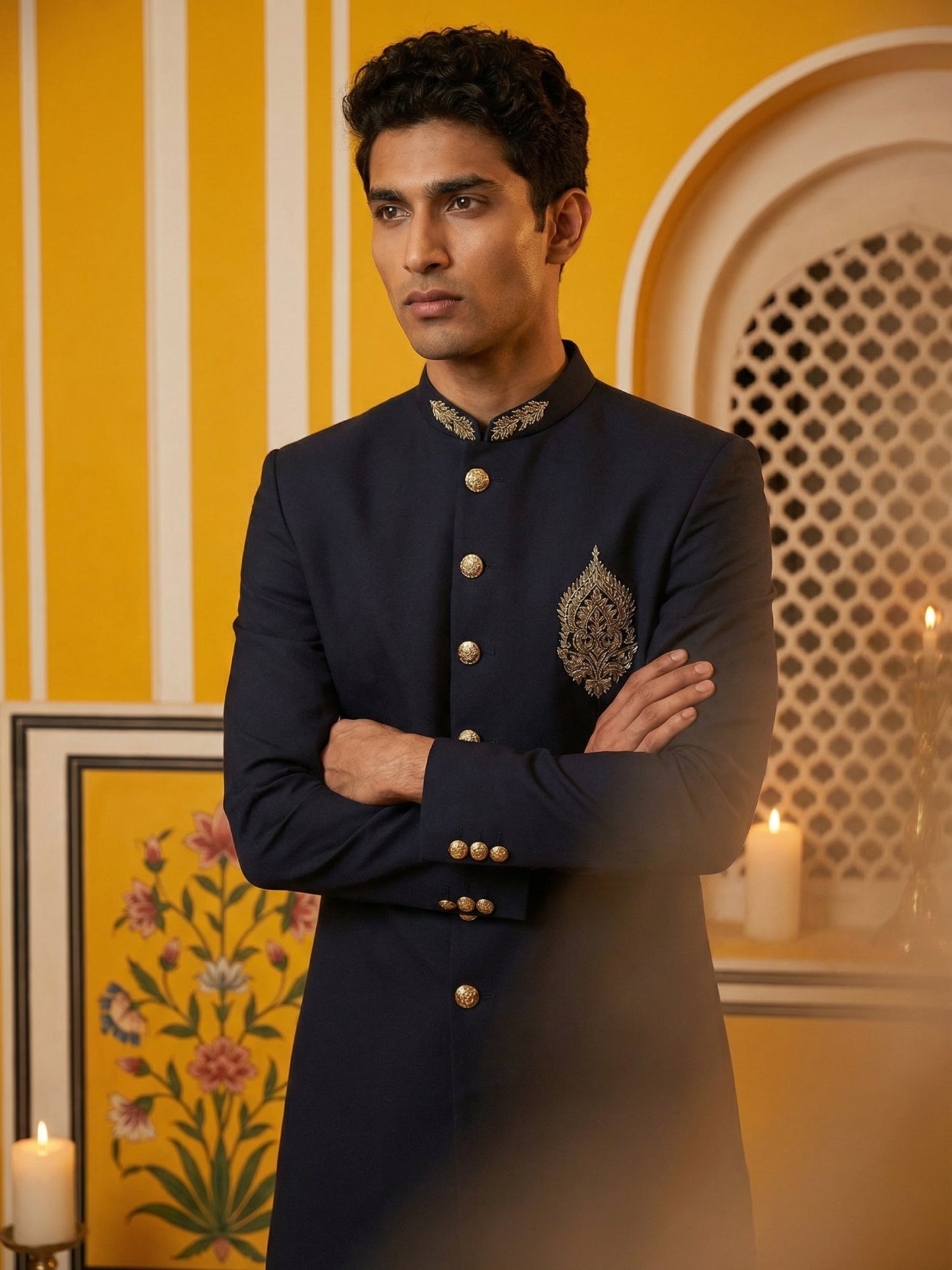 Men's Cotton Blend Indo-Western Set with Zari Work ( 50JIND 159Navy S )