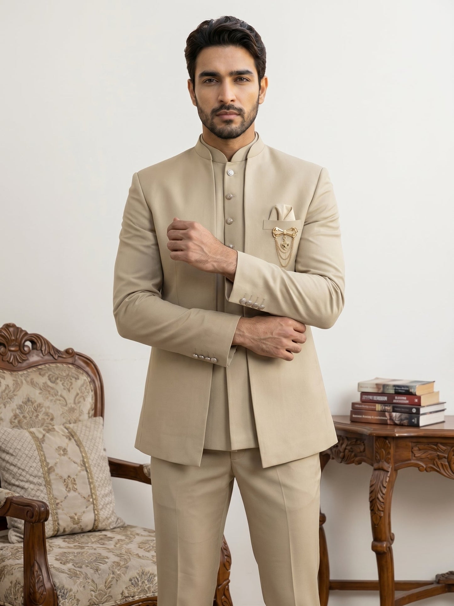 Cotton Blend Solid Indo-Western Set ( 50JIND 161Beige )