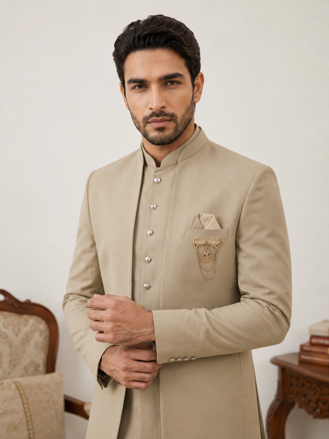 Cotton Blend Solid Indo-Western Set ( 50JIND 161Beige )