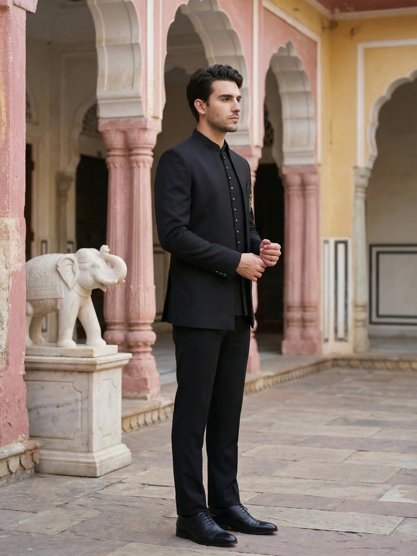 Cotton Blend Solid Indo-Western Set ( 50JIND 161Black S )