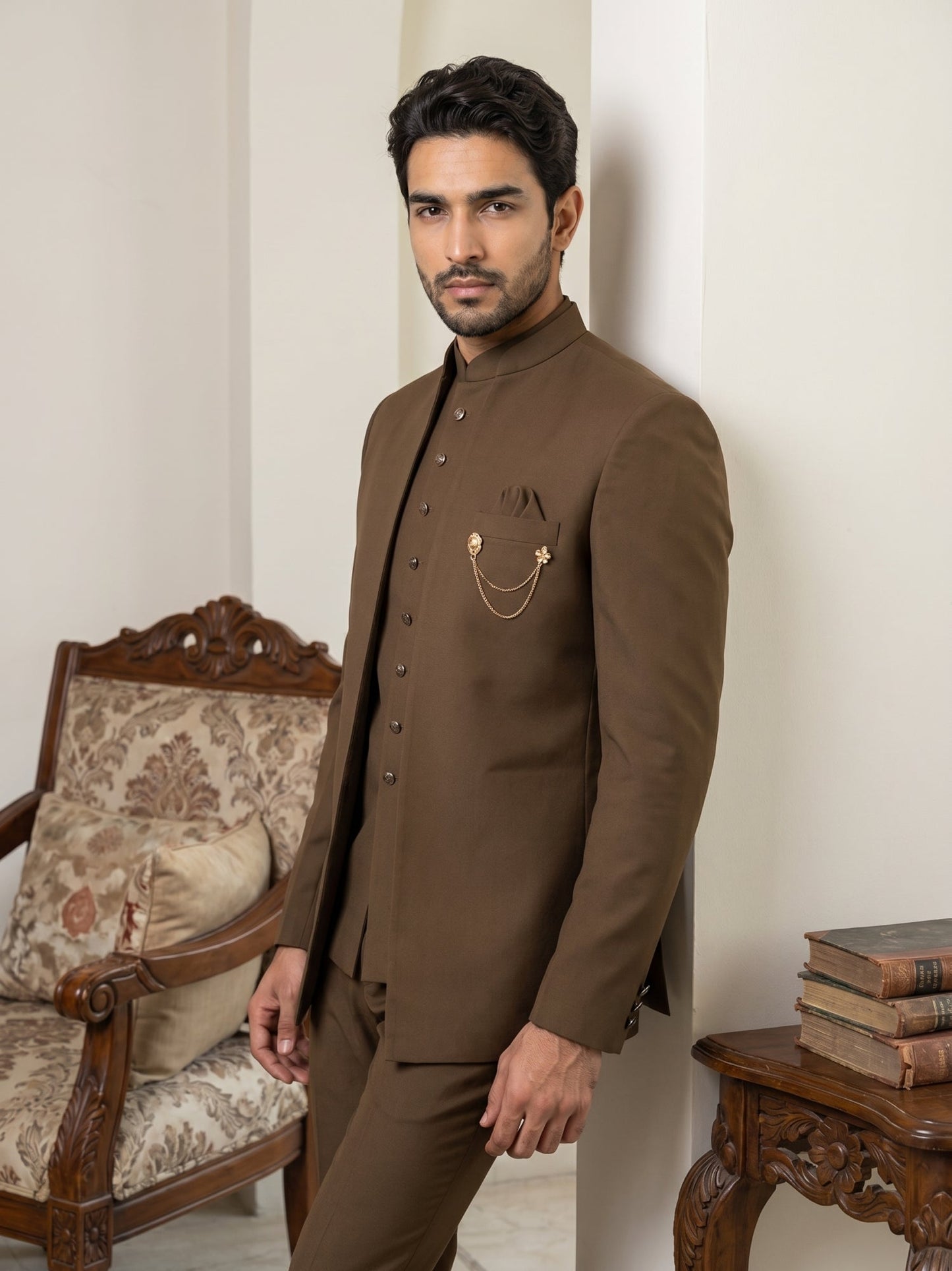 Cotton Blend Solid Indo-Western Set ( 50JIND 161D-Brown )