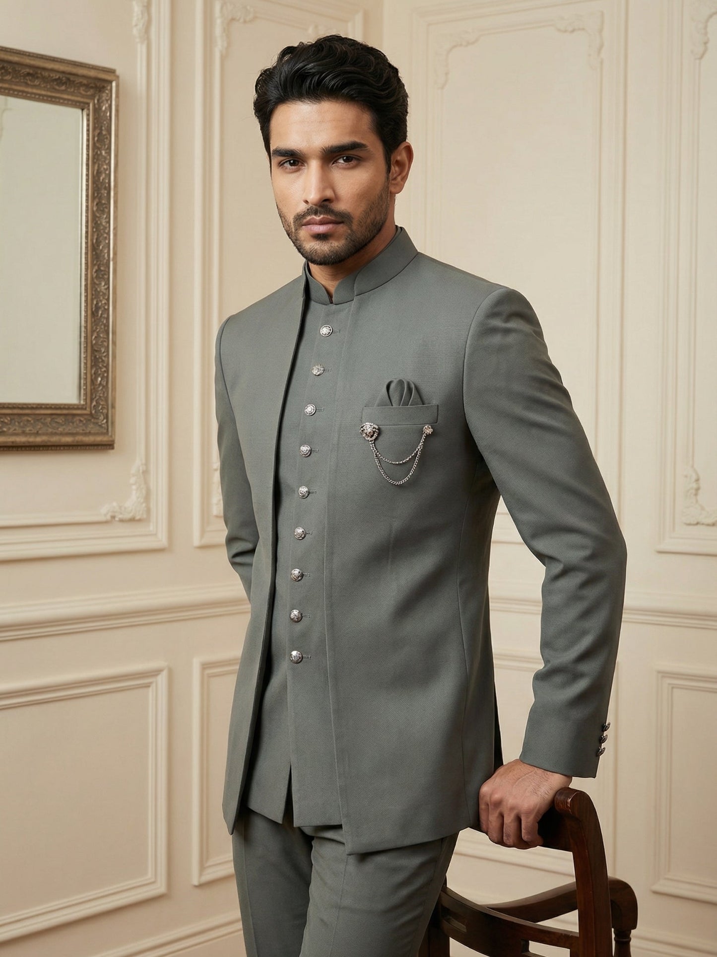 Cotton Blend Solid Indo-Western Set ( 50JIND 161Grey S )