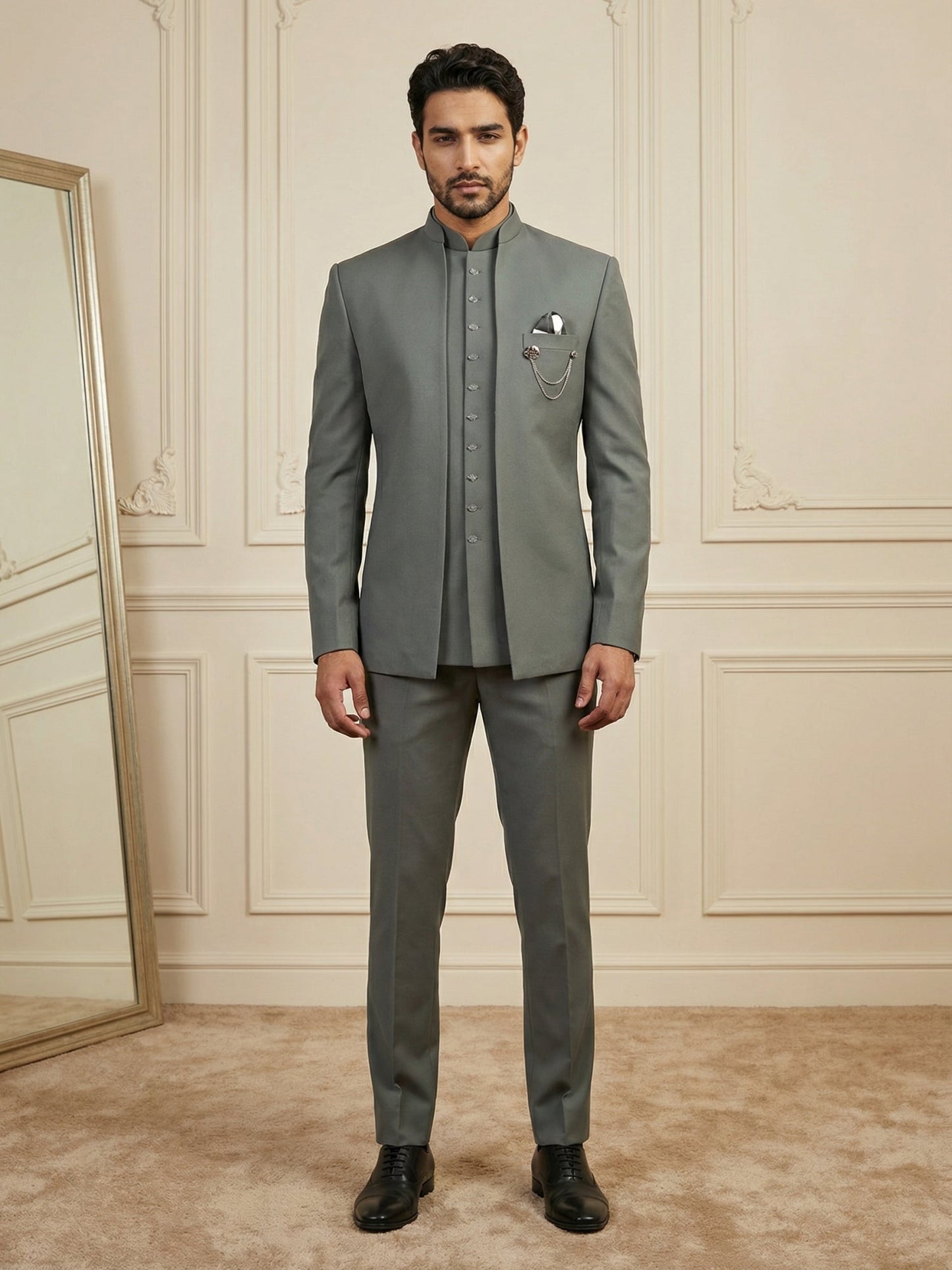 Cotton Blend Solid Indo-Western Set ( 50JIND 161Grey S )