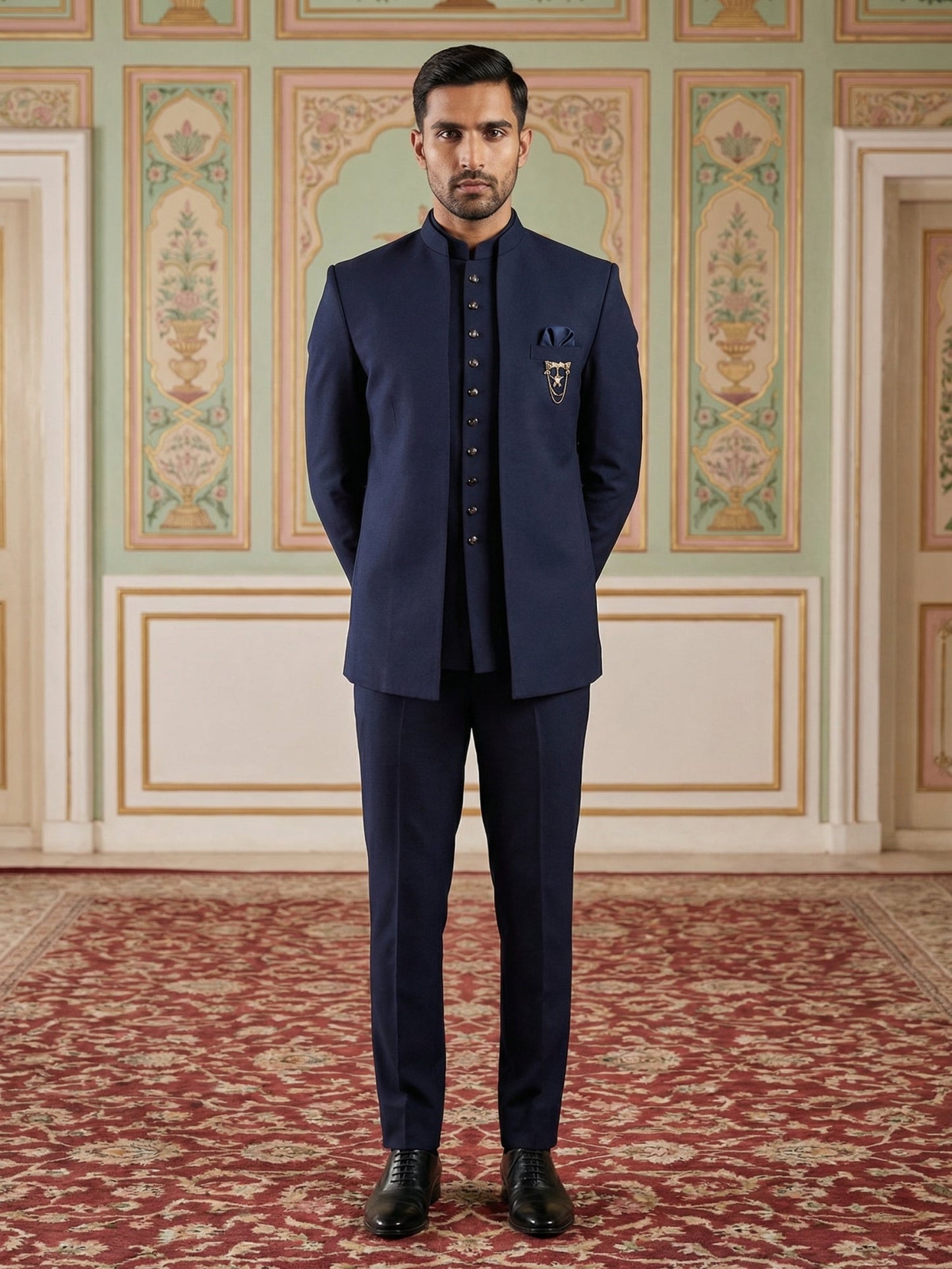 Cotton Blend Solid Indo-Western Set ( 50JIND 161Navy S )