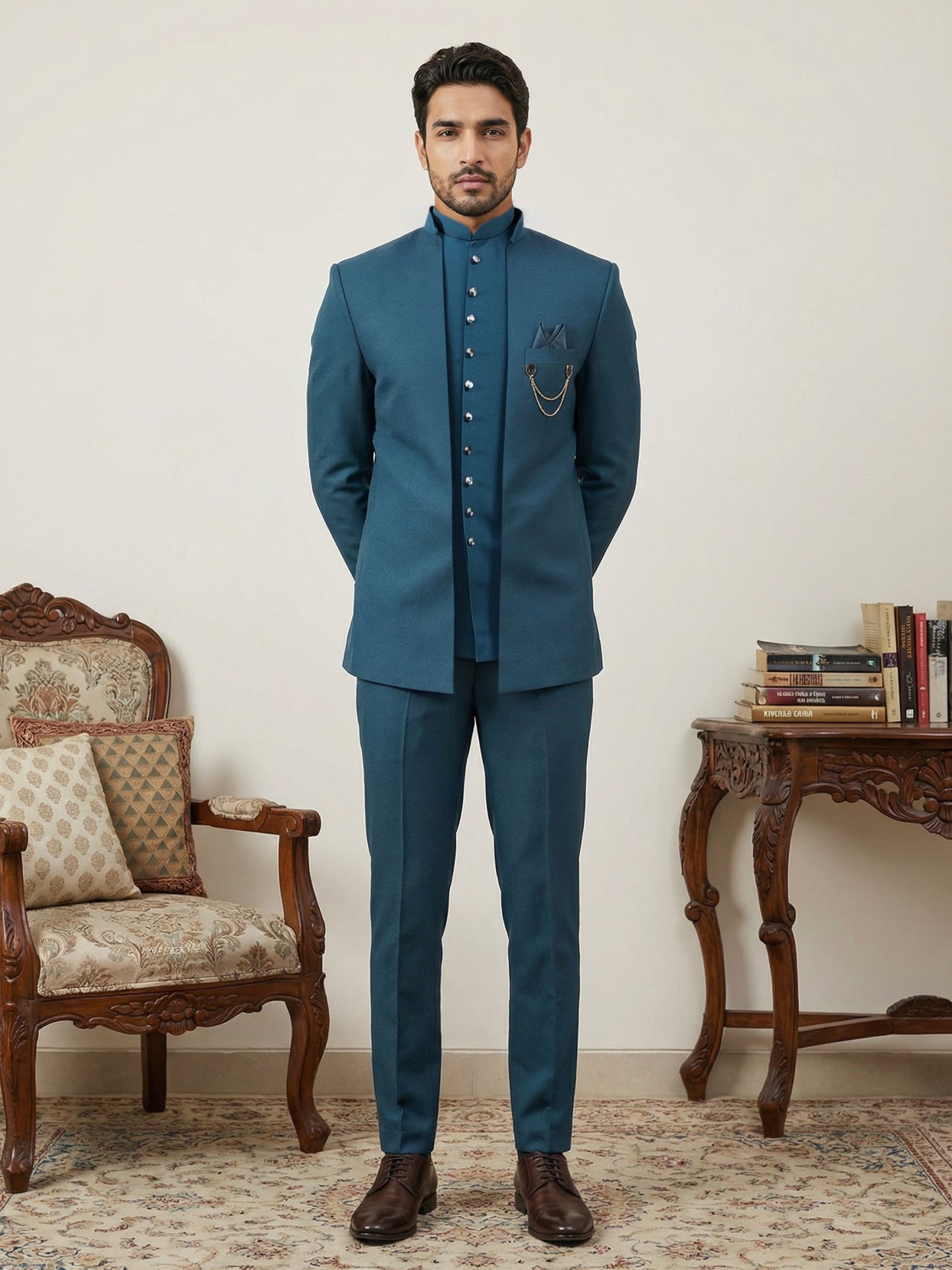 Cotton Blend Solid Indo-Western Set ( 50JIND 161Peacock S )