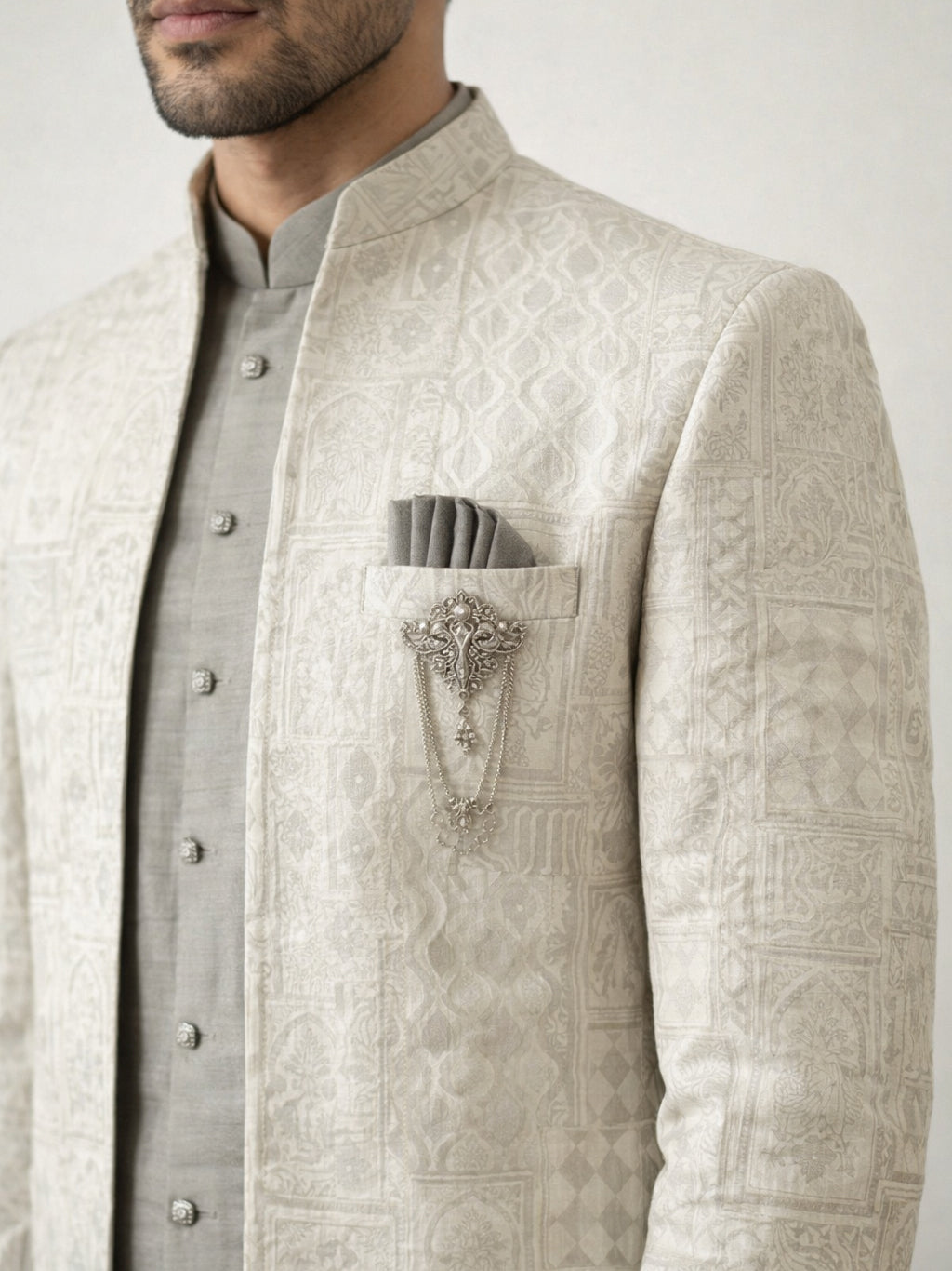 Silk Blend Woven Design Indo-Western Set ( 50JIND 162Cream S )