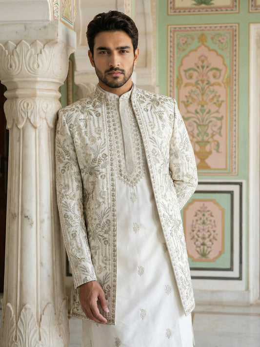 Men’s Embroidered Silk Blend Indo-Western Set ( 50JIND 163White S )