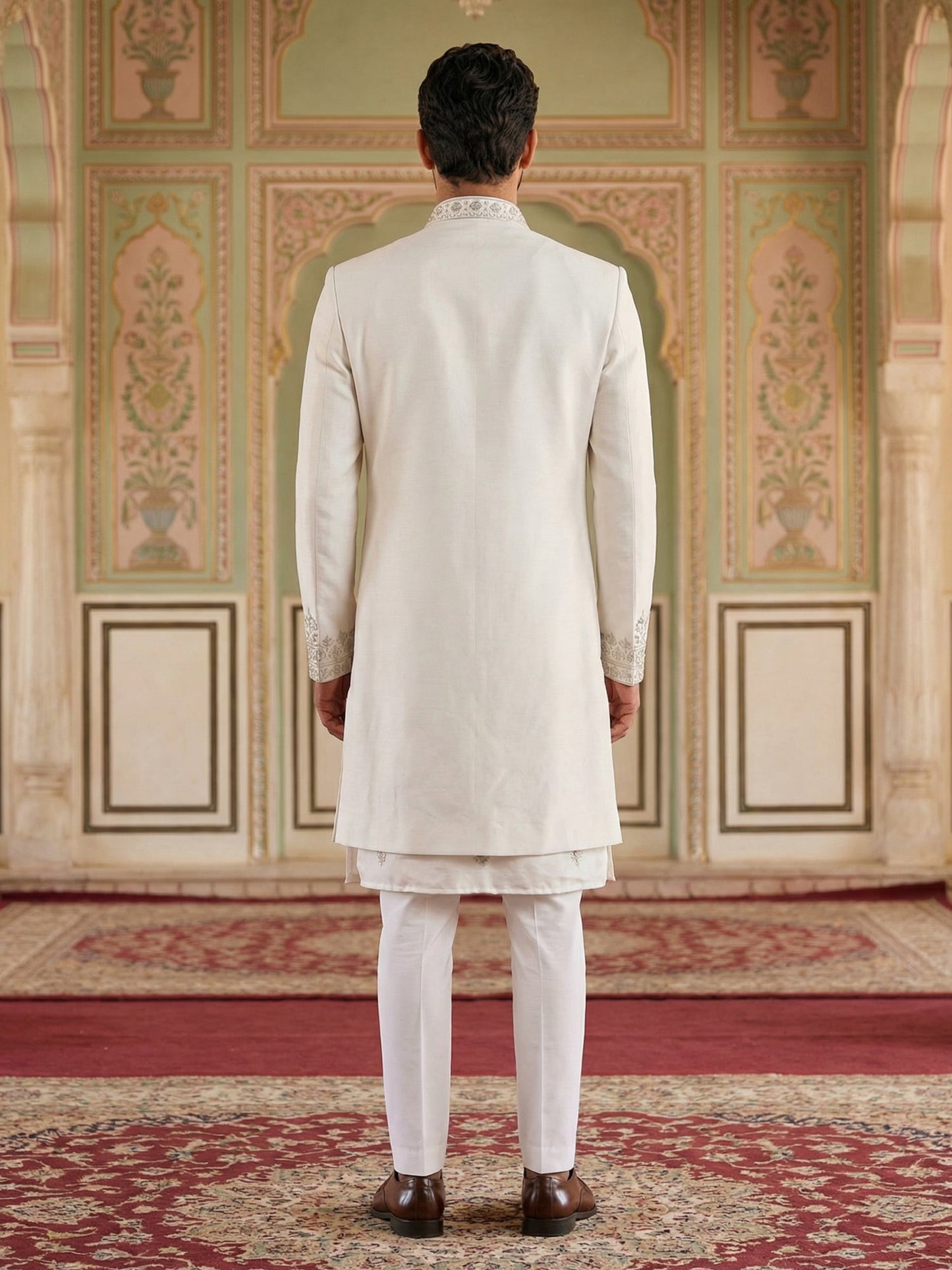Men’s Embroidered Silk Blend Indo-Western Set ( 50JIND 163White S )