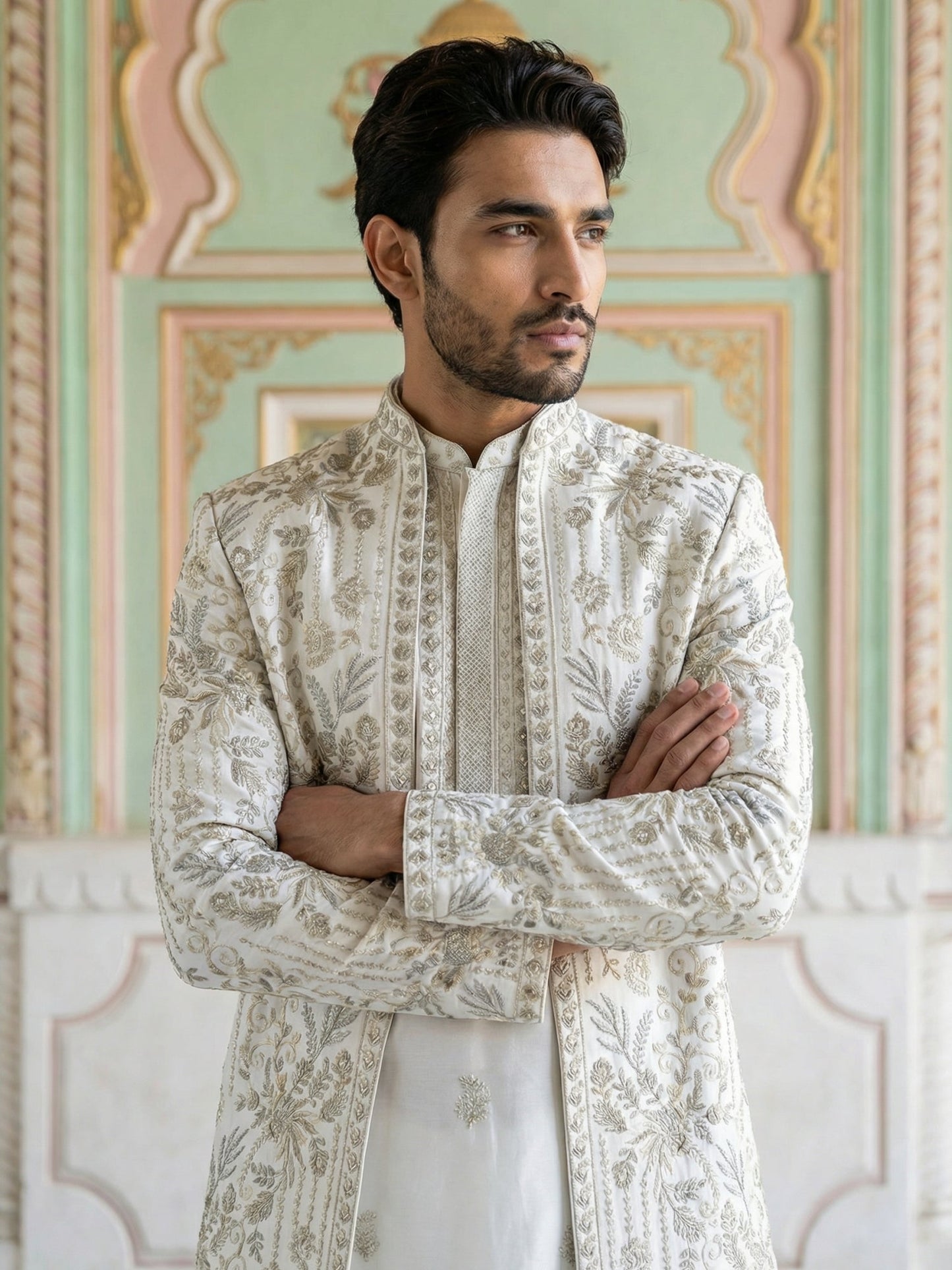 Men’s Embroidered Silk Blend Indo-Western Set ( 50JIND 163White S )