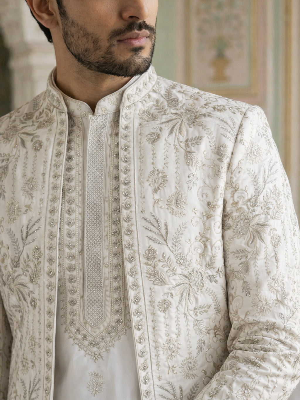 Men’s Embroidered Silk Blend Indo-Western Set ( 50JIND 163White S )