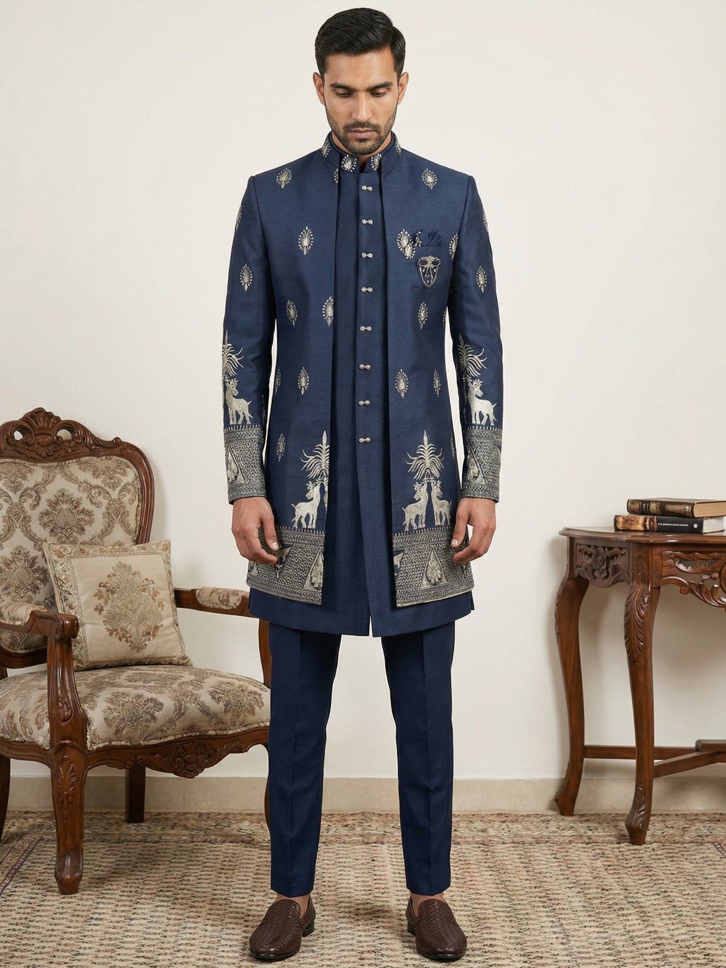 Cotton Blend Embroidered Indo-Western Set ( 50JIND 165Navy S )