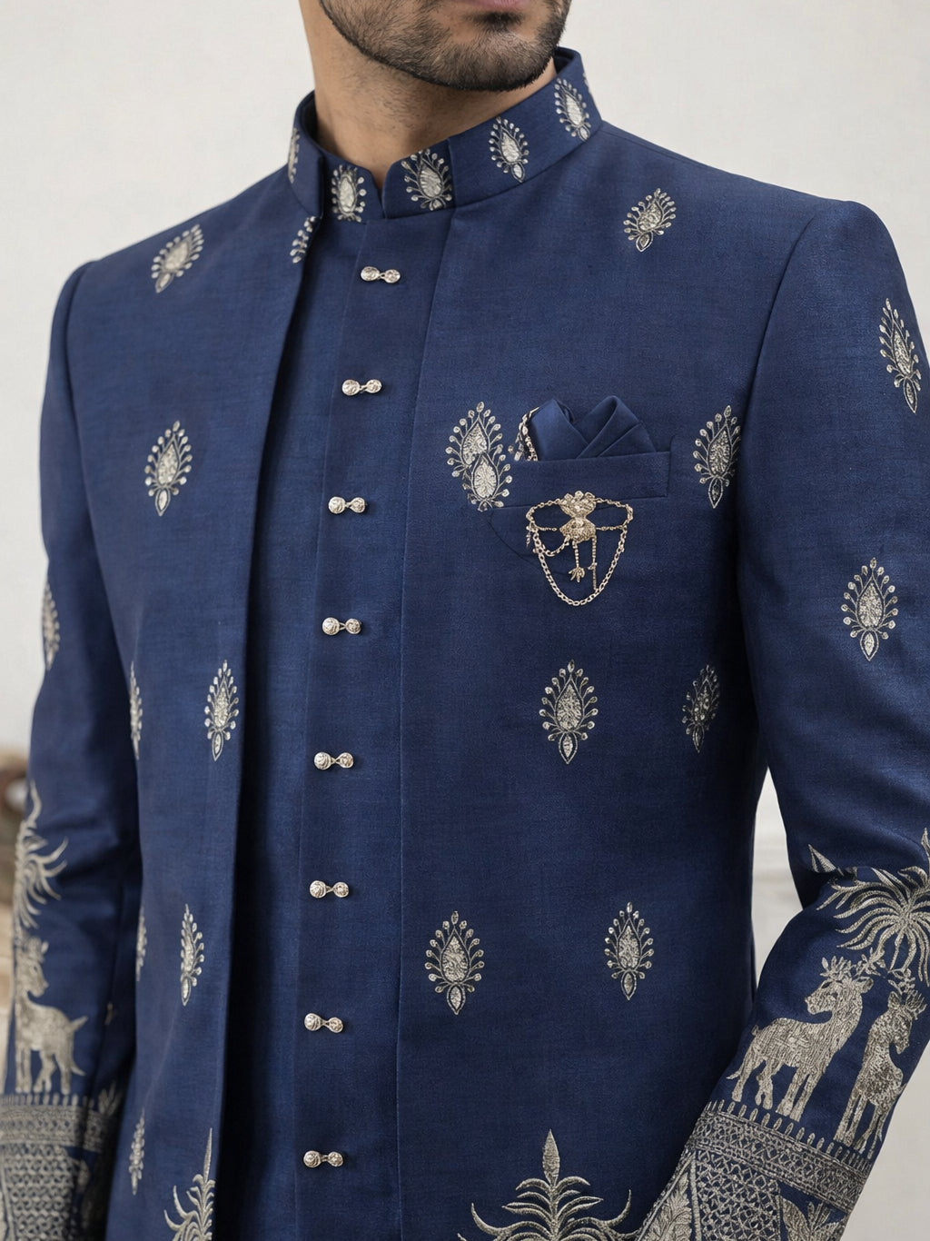 Cotton Blend Embroidered Indo-Western Set ( 50JIND 165Navy S )